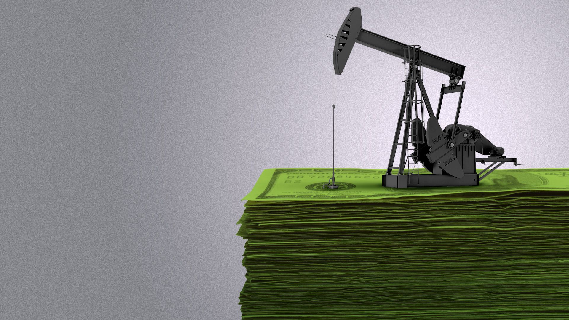 Illustration of an oil rig on top of a stack of cash. 