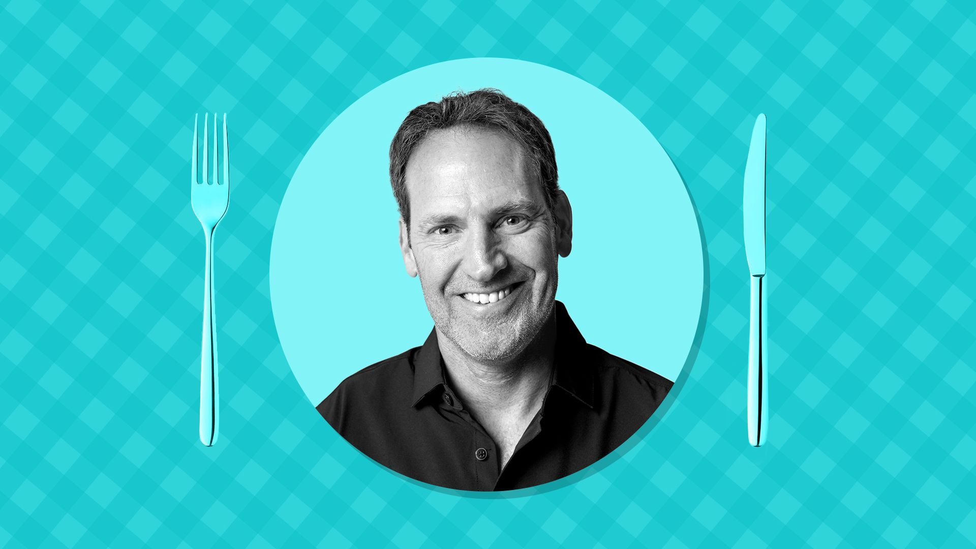 an illustration of  VML CEO Jon Cook on a tablecloth print background