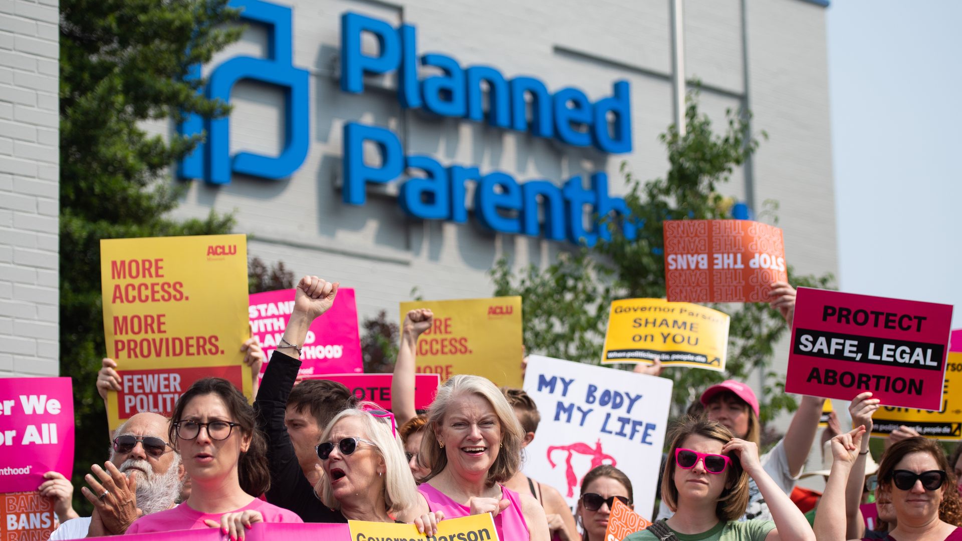 Pro-choice supporters and staff of Planned Parenthood hold a rally outside the Planned Parenthood Reproductive Health Services Center in St. Louis, Missouri, May 31.