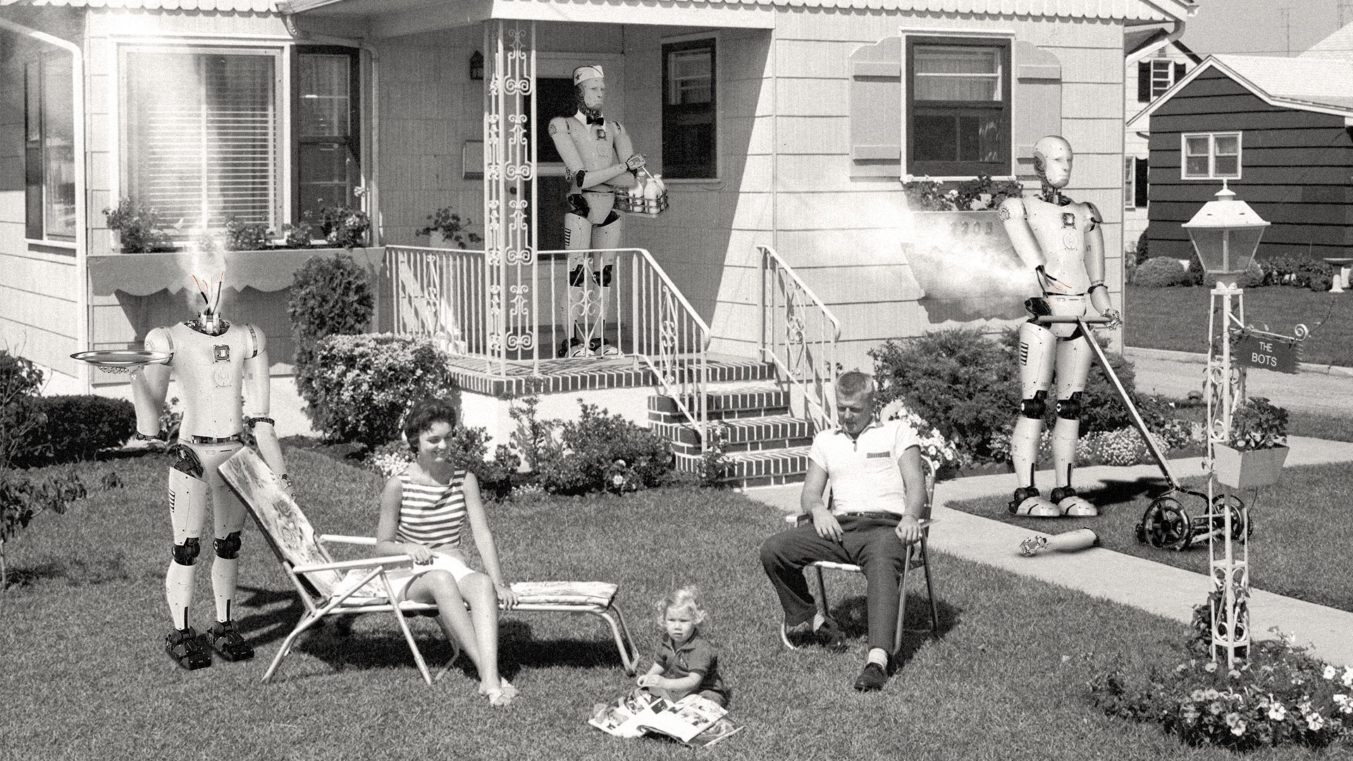 Photo illustration of a classic 1950s family scene, with three robots, two of which are broken, doing chores like mowing the lawn and delivering milk. 