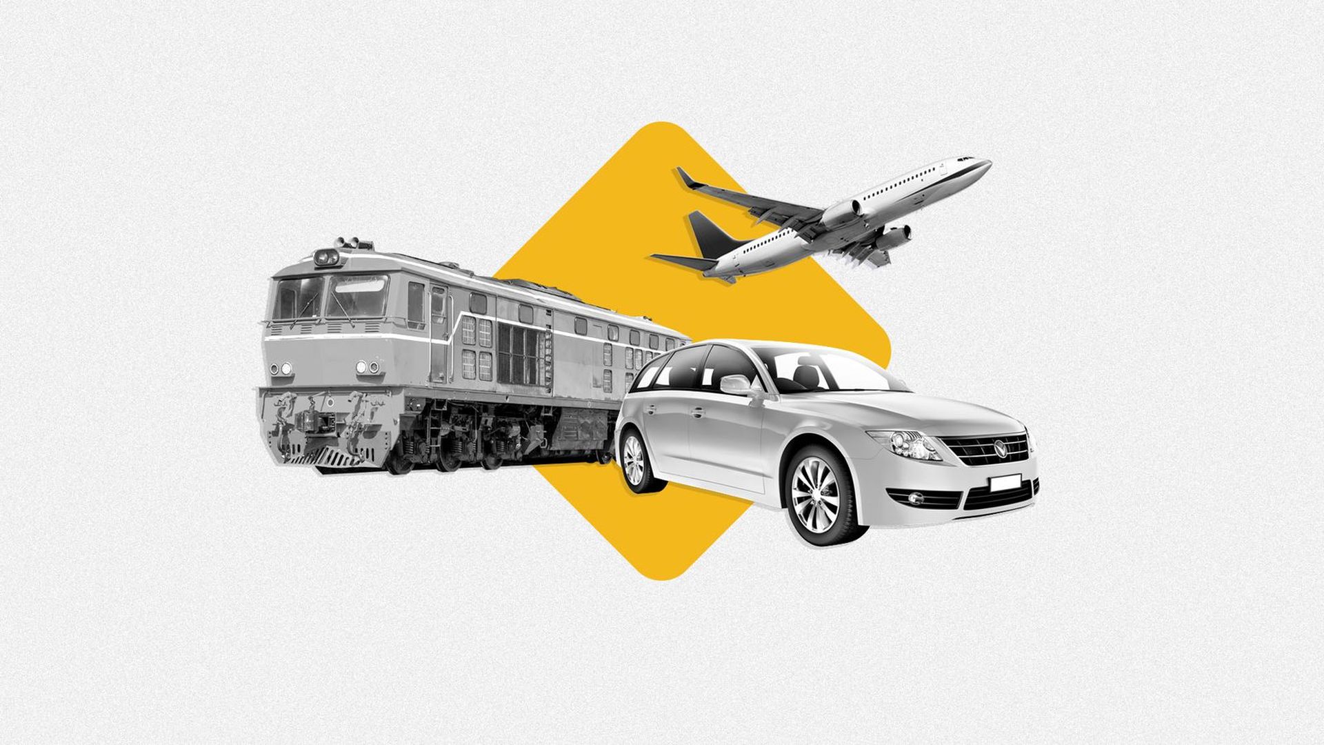 Photo illustration of a car, a train and a plane on a background with a yellow diamond sign