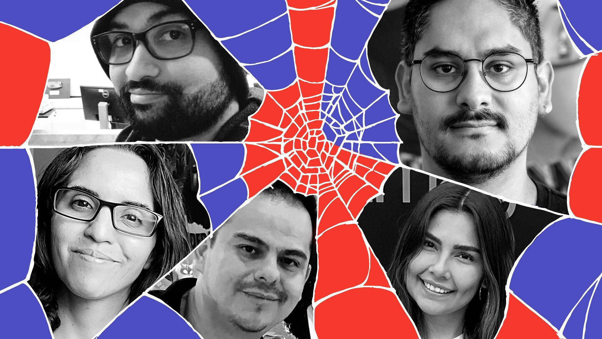 Photo illustration of a red and blue spider web and photos of animators Daniel Ceballos, Fransisco Leana Hidalgo, Miralda Medina, Isaac Miranda, and Fernanda Ortiz Rojo