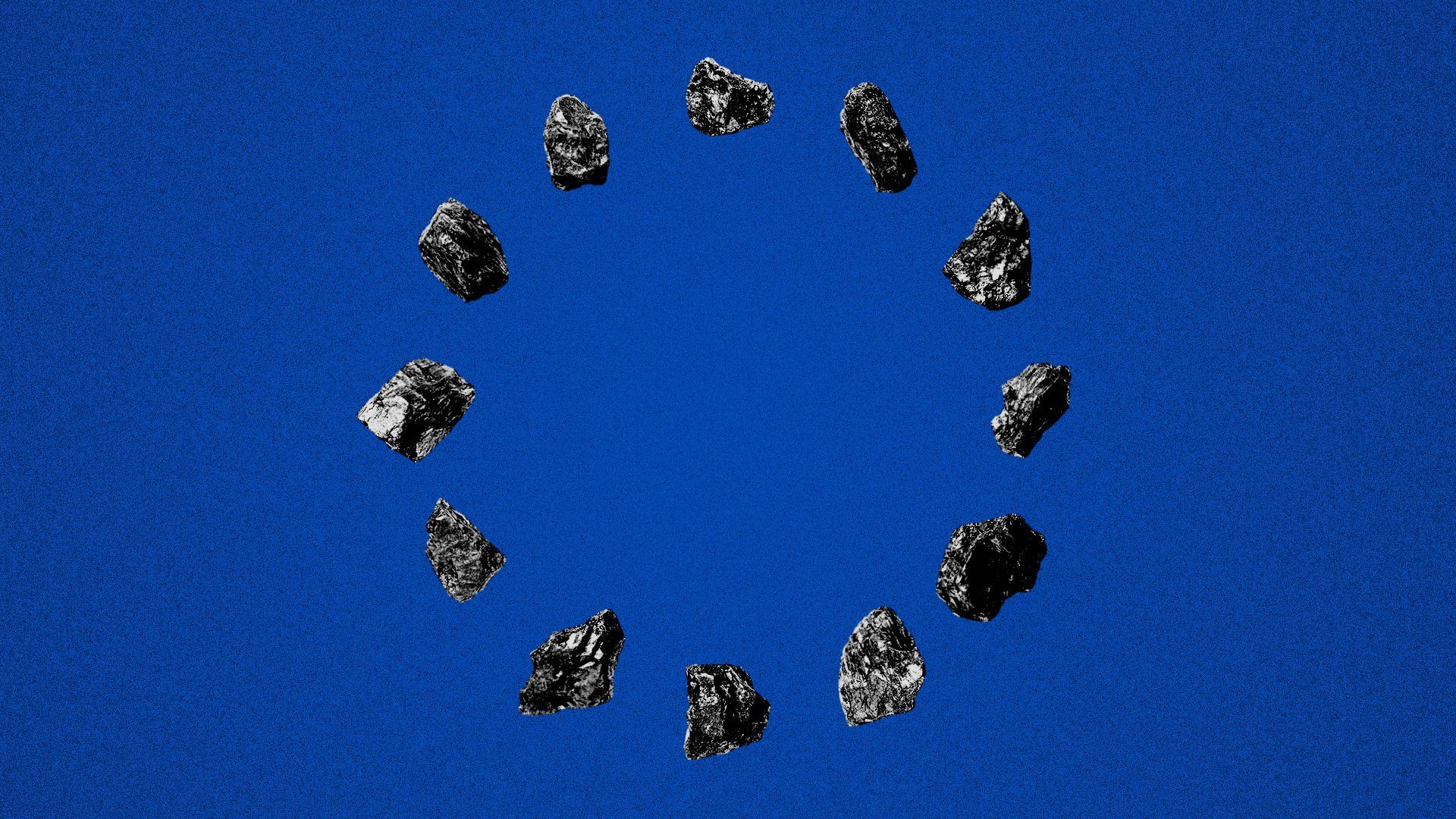 Illustration of pieces of coal forming a circle similar to the EU flag. 