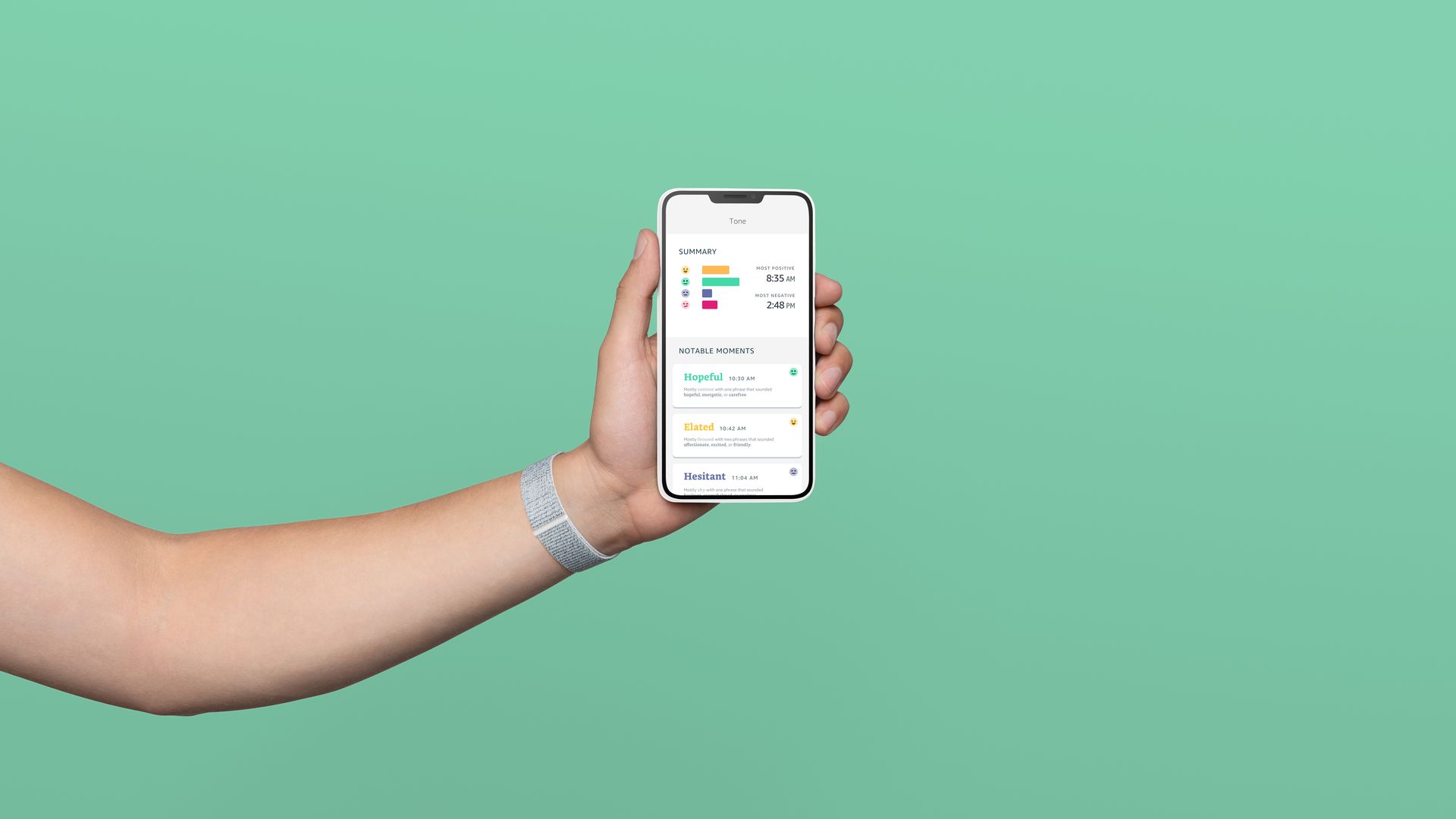 Image of Amazon's Halo wearable and app, with Tone feature