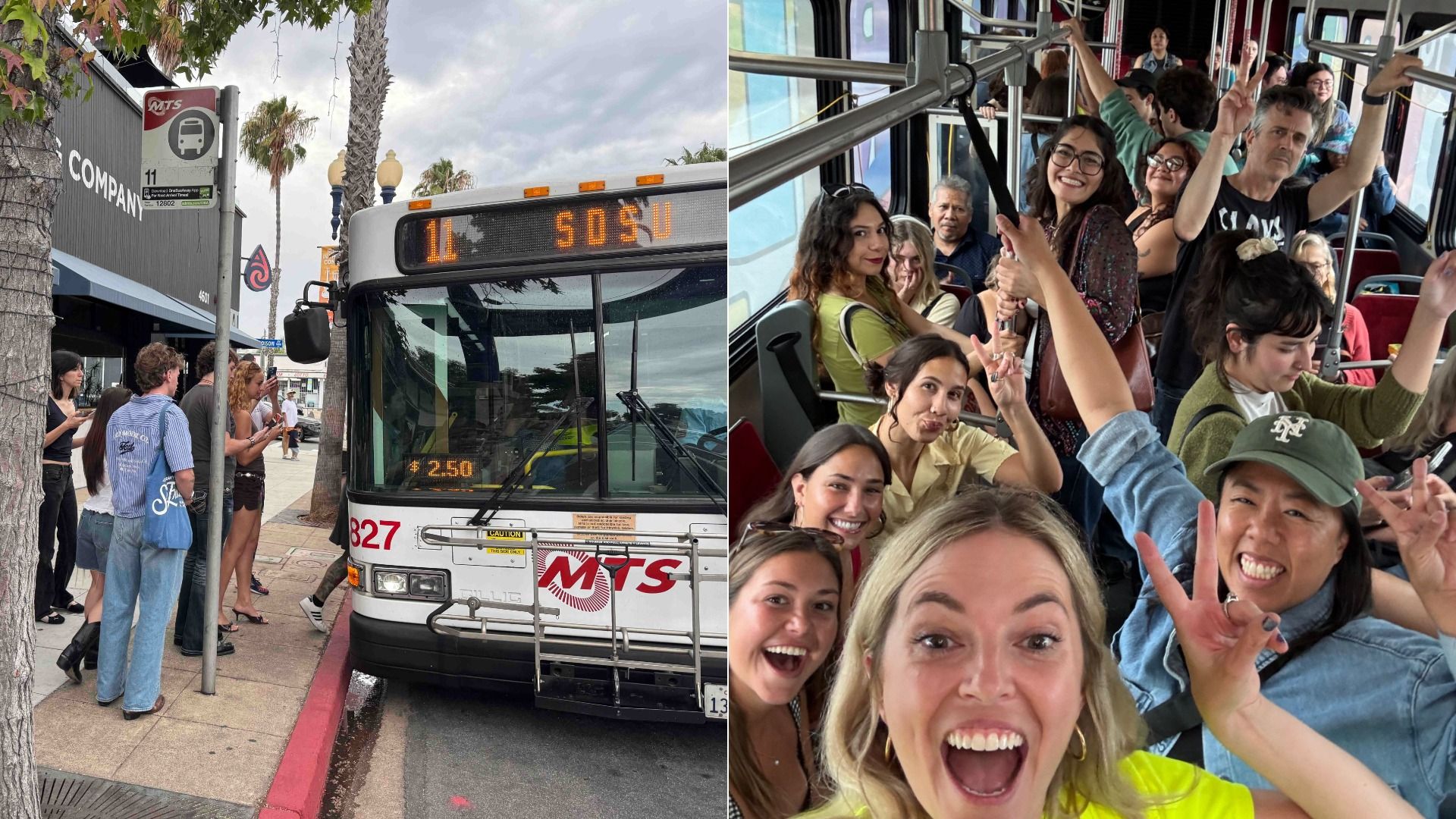 Split image: left shows a city bus stopped at the curb with a queue of people waiting, palm trees, and a storefront sign; right shows a crowded bus interior with smiling passengers, many raising hands.