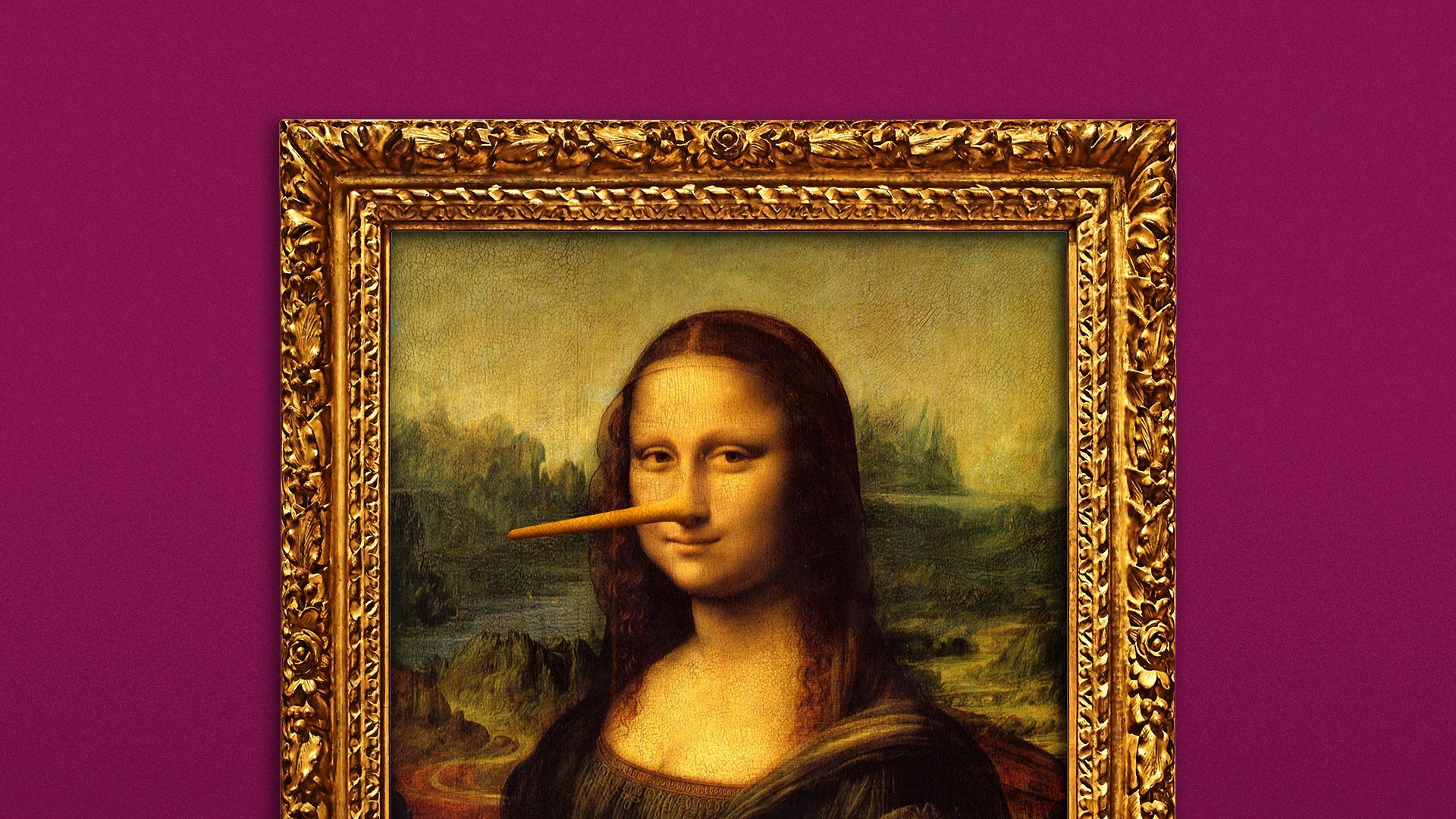 Illustration of the Mona Lisa with a Pinocchio nose.