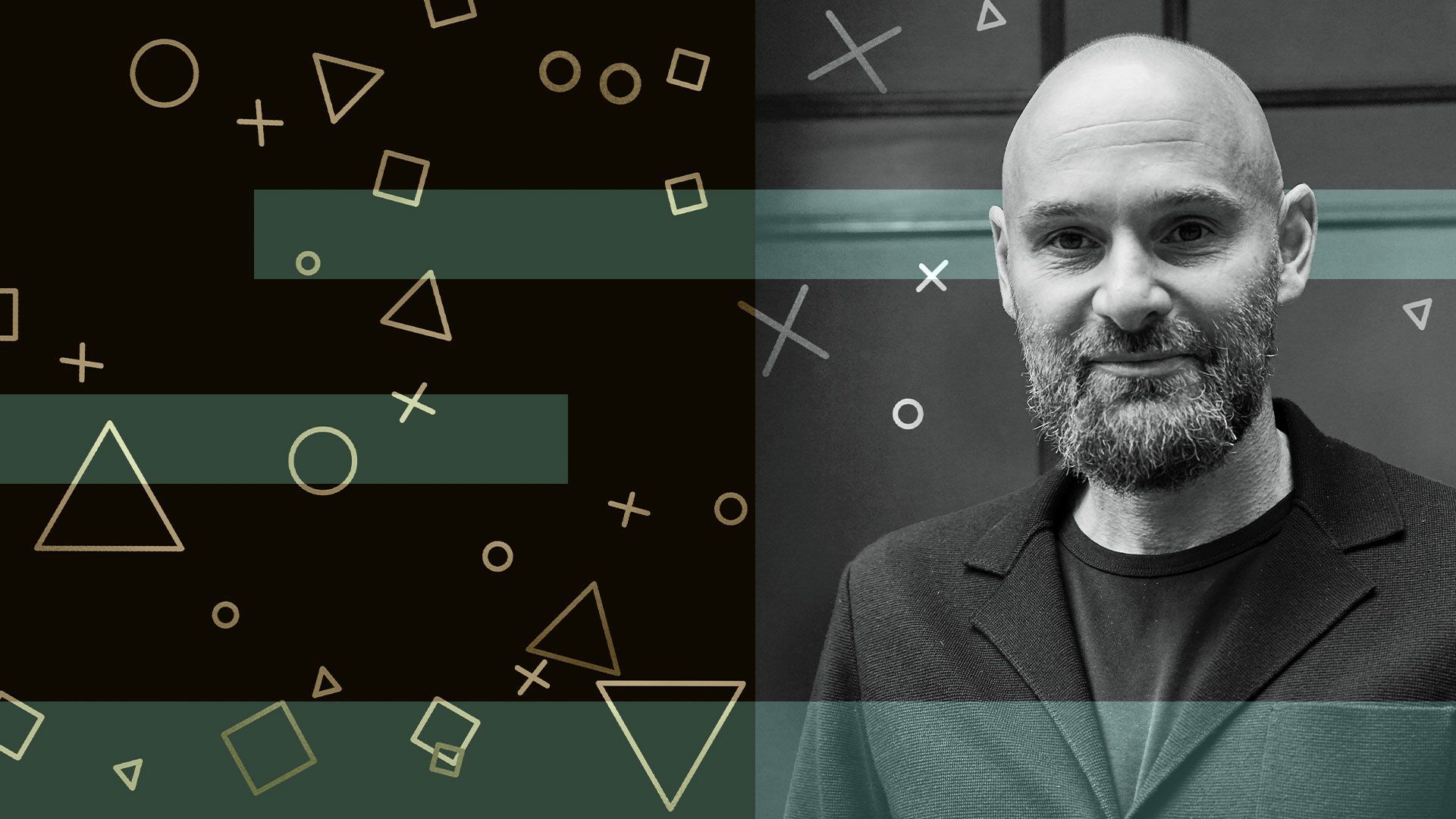 Photo illustration of René Rechtman with abstract shapes.
