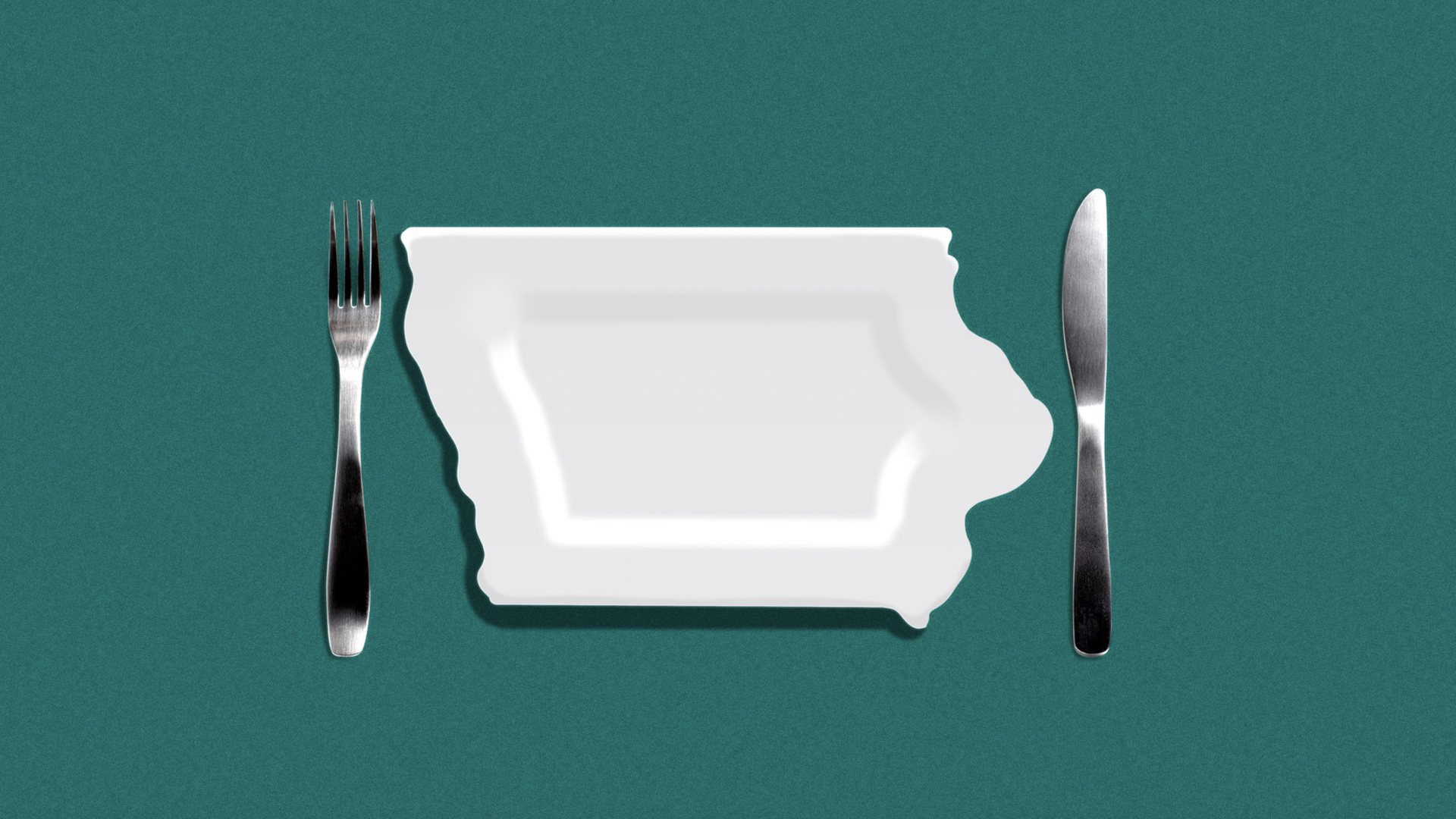Illustration of fork and knife with a plate the shape of Iowa
