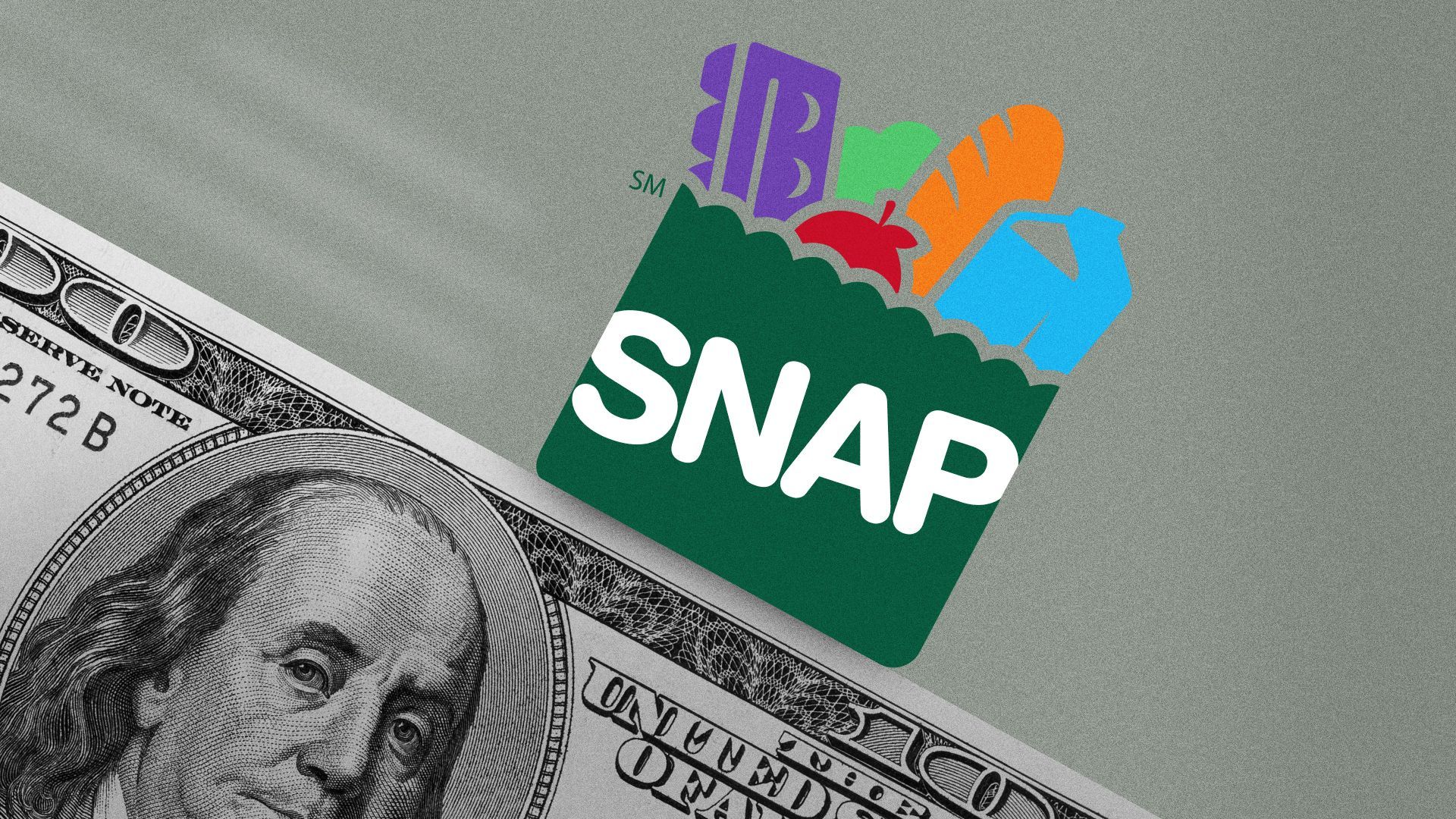 Illustration of the SNAP logo falling down a cliff made of a hundred-dollar bill.