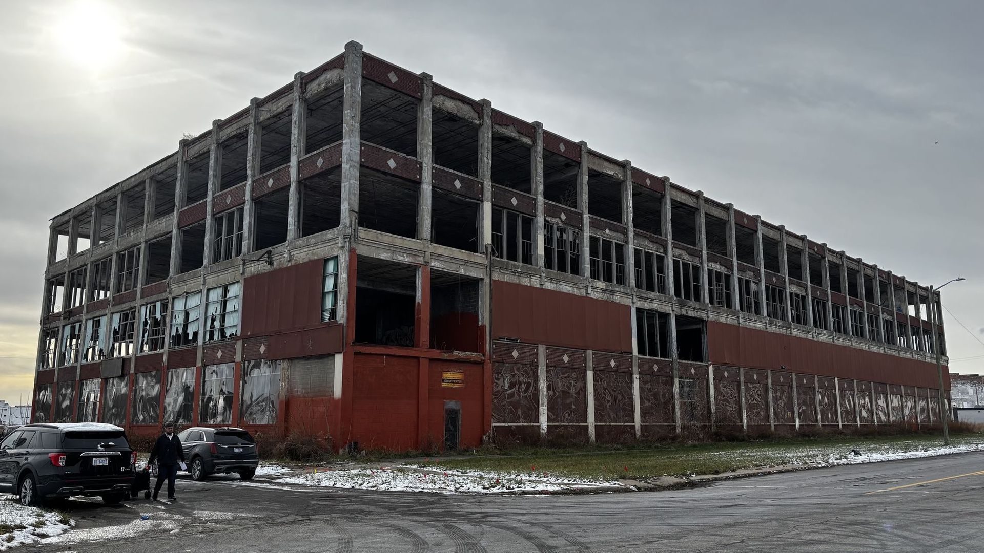 Abandoned three-story concrete-and-brick warehouse