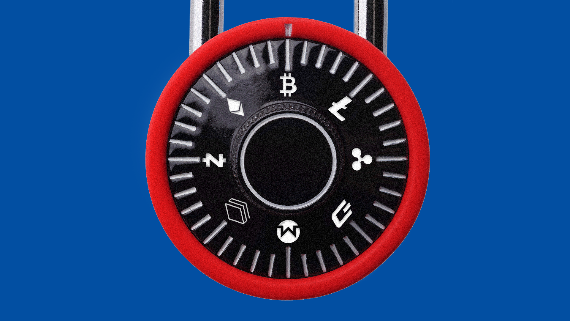 A locked lock with cryptocurrency symbols on it