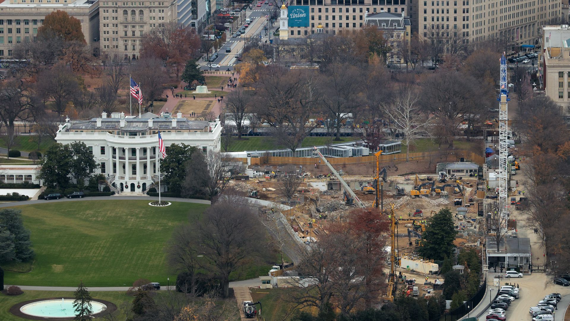 The demolition site next to the White House (right), where the East Wing once stood at the White House.