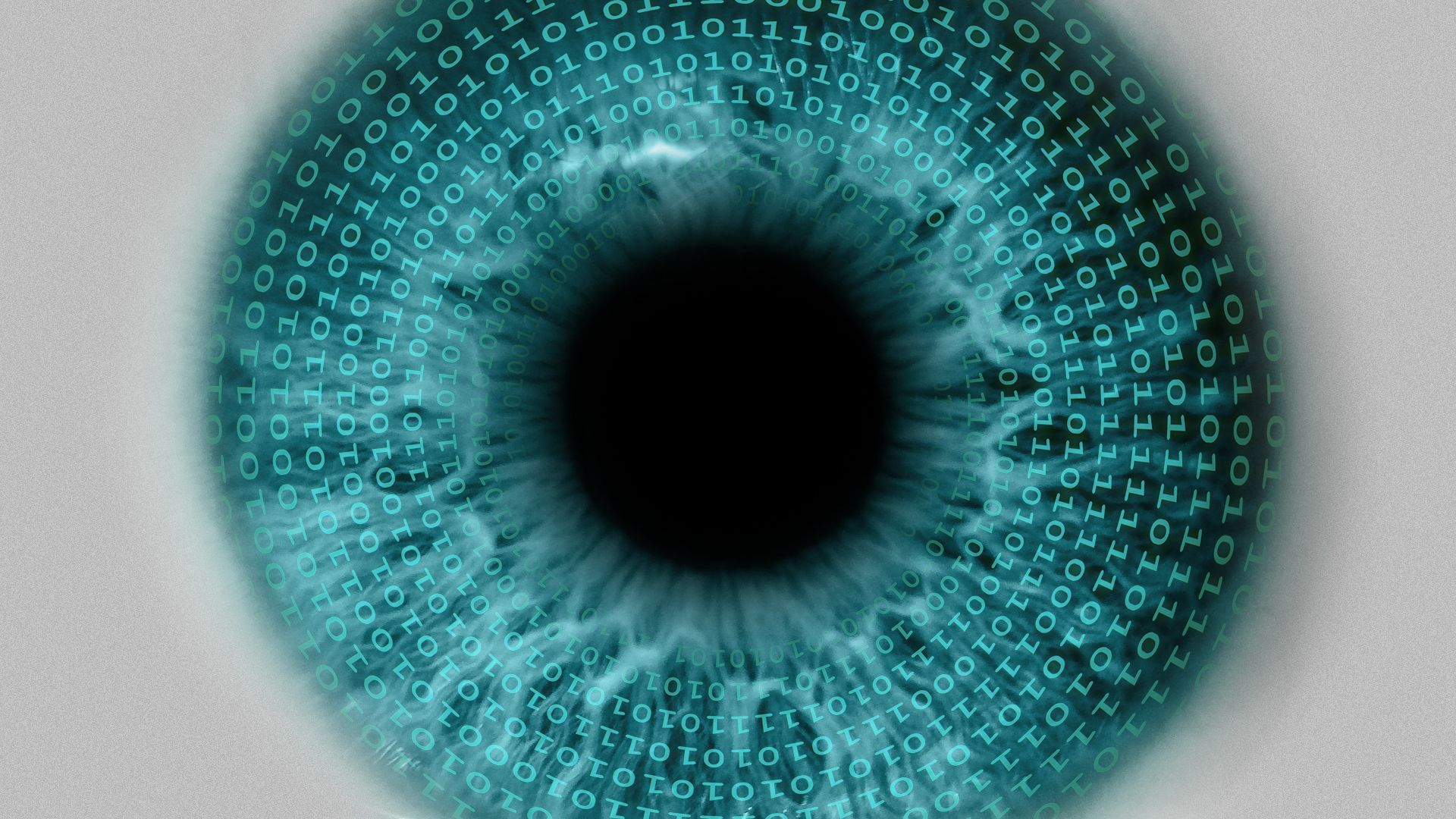 Illustration of a close up of an eye with binary in the iris.