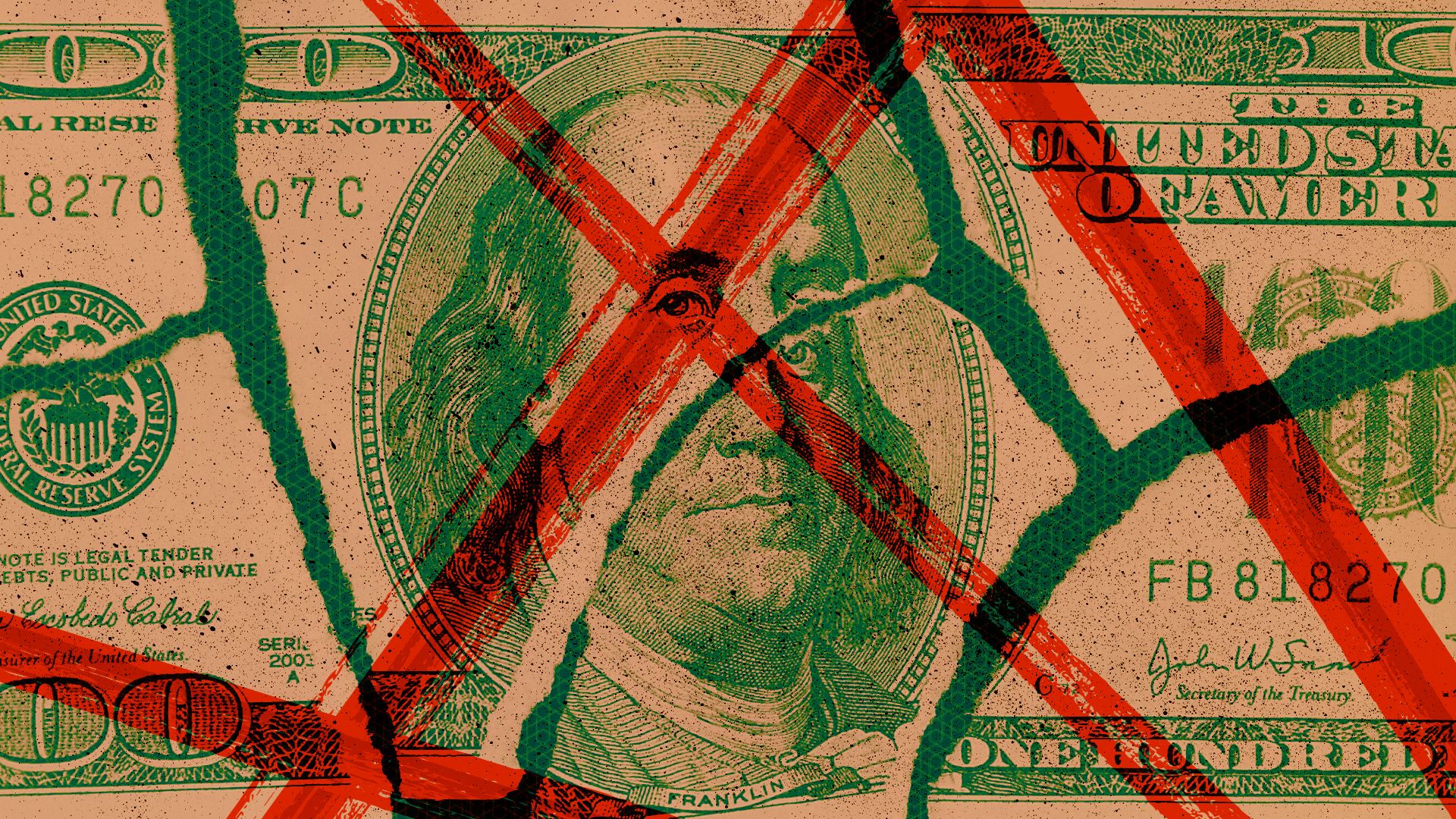 Illustrated collage of a torn up hundred dollar bill with grungy ink splattered on it and a red X markered across Benjamin Franklin's eye. 