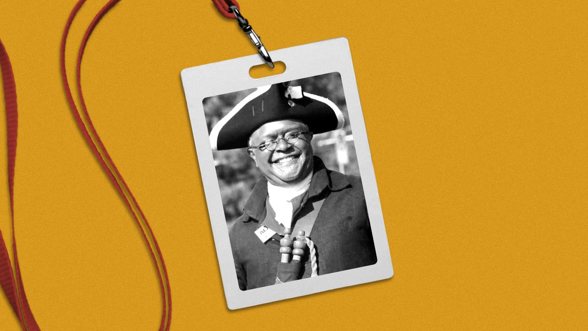 Photo illustration of Alexandria town crier Ben Fiore-Walker in a lanyard style badge