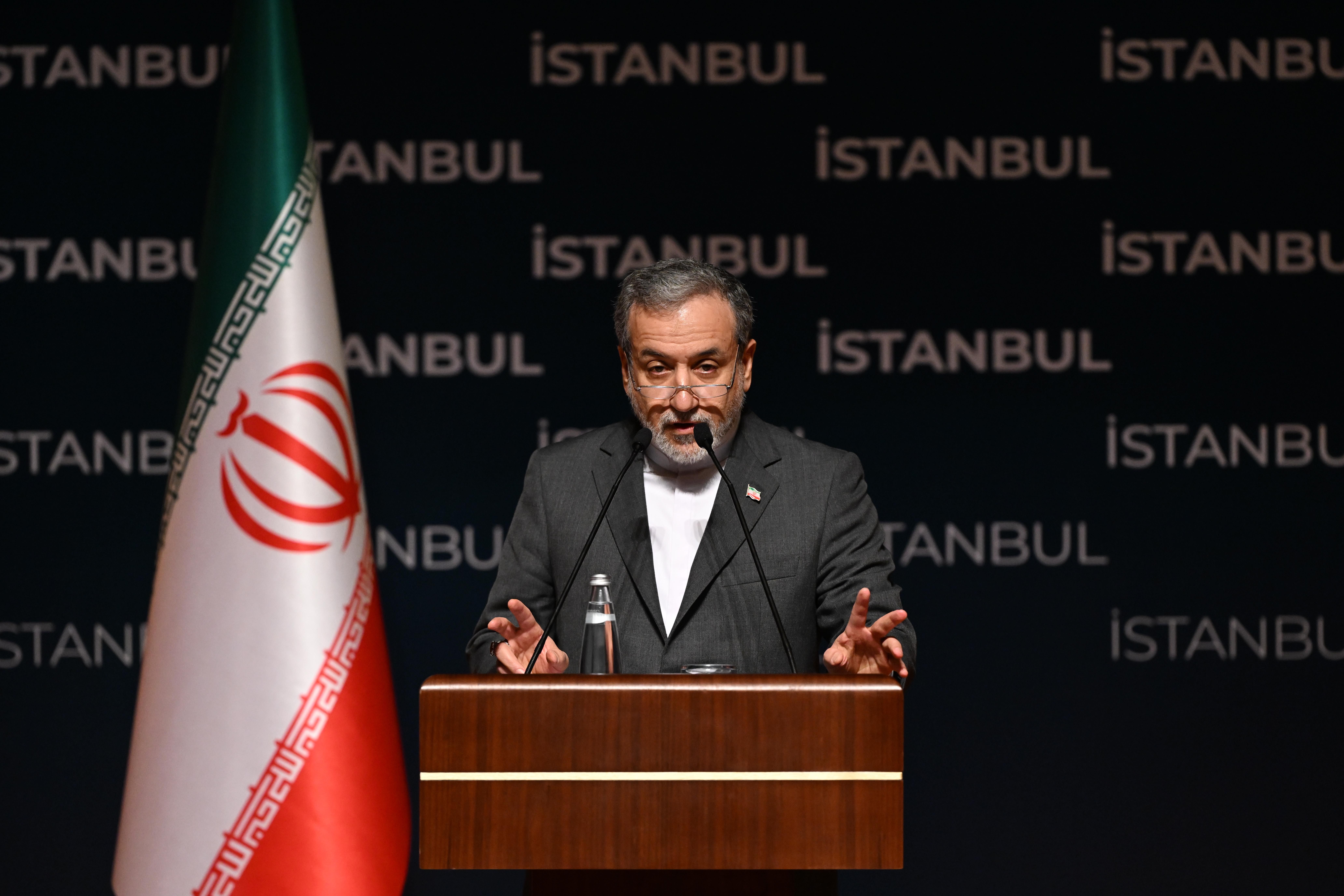 Iranian Foreign Minister Abbas Araghchi speaks in Istanbul yesterday.