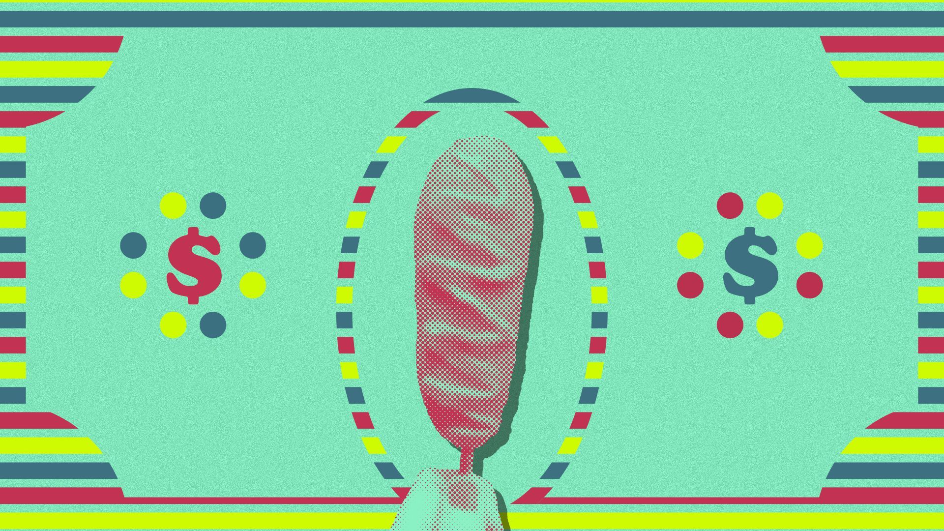 Illustration of stripes and dots forming a dollar bill shape, with a corndog in the middle.