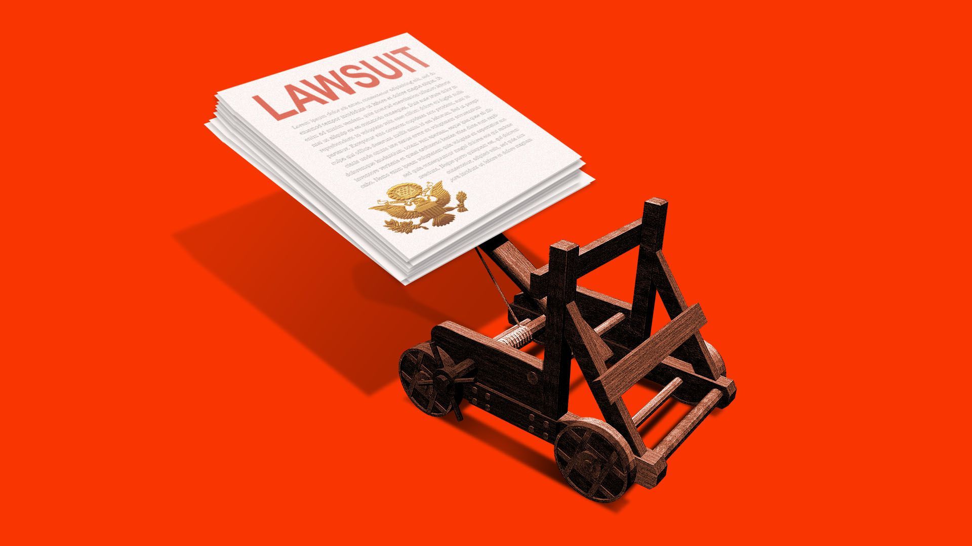 Illustration of a catapult loaded with a stack of lawsuit papers
