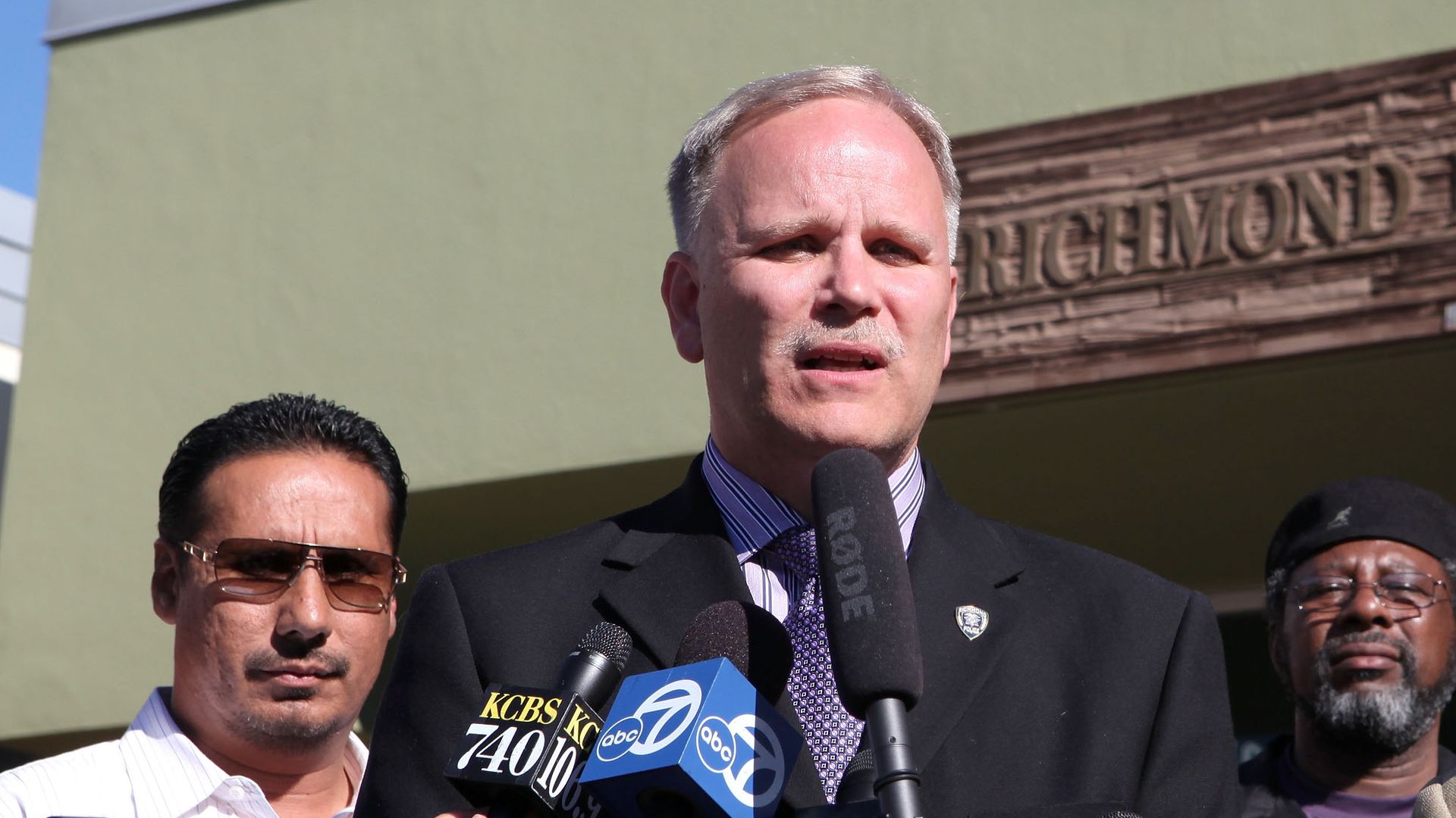 Richmond, California police chief Chris Magnus speaks to reporters in front of Richmond High School
