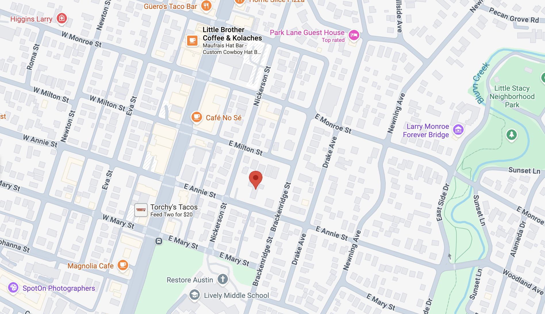 Map showing streets near Little Brother Coffee & Kolaches, Café No Sé, Torchy's Tacos, Magnolia Cafe, and Lively Middle School, with green areas near Little Stacy Neighborhood Park.