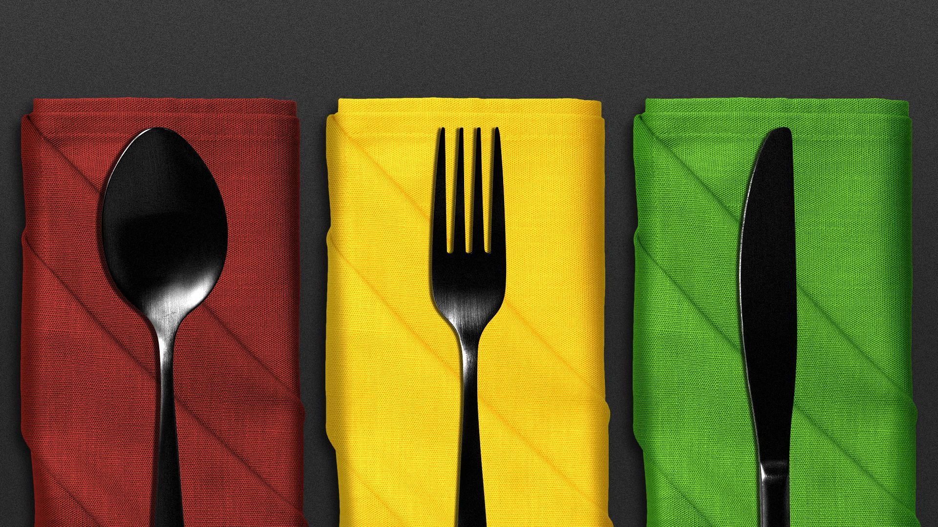 An illustration featuring a spoon, fork and knife laid over folded red, yellow and green cloth napkins.