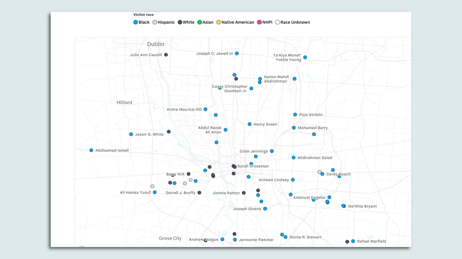 A map showing all Central Ohio police shootings over the past 12 years, using blue dots as markers