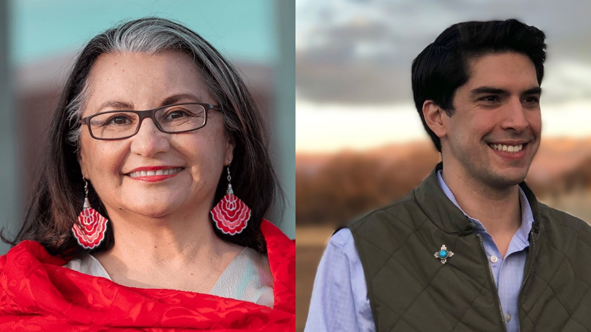 Democratic U.S House hopefuls Antoinette Sedillo López and Victor Reyes stand for campaign photos.