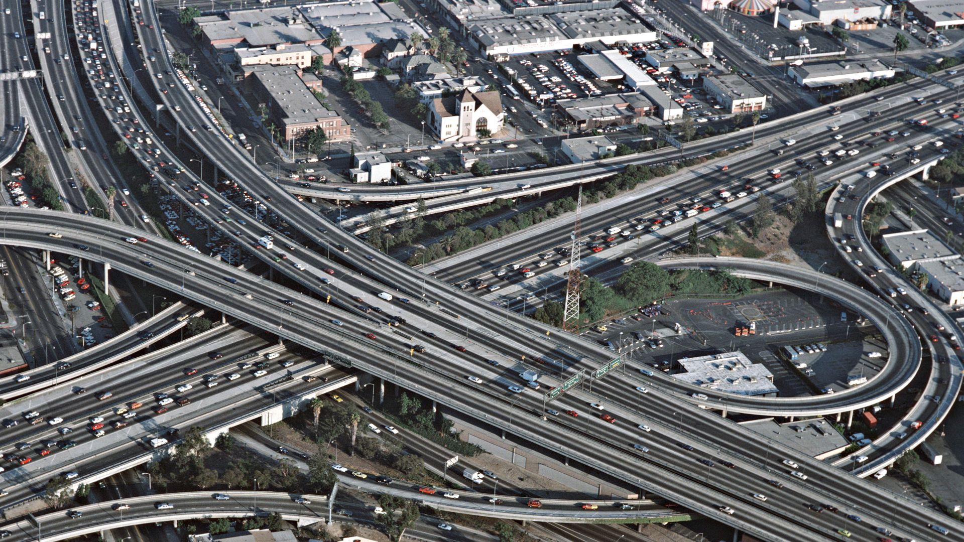 An aerial view of the freeways in Los Angeles