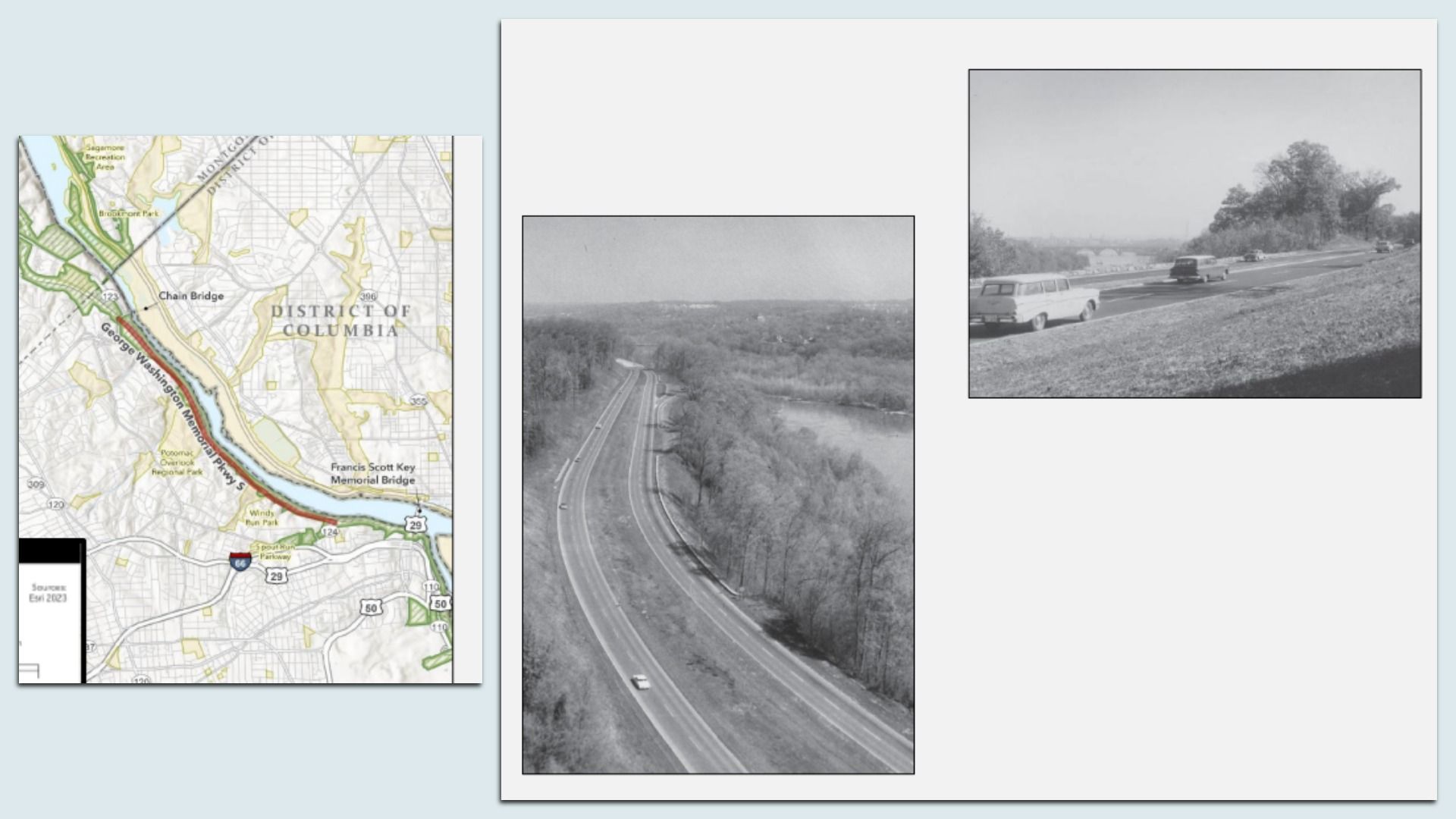 Collage: left shows a detailed Washington DC map; on the right a pale gray page holds two black-and-white photos—a winding highway through hills and a roadside scene with cars on a slope.