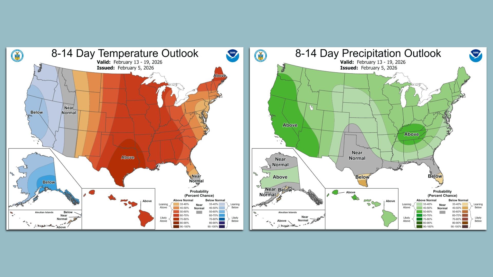 Side-by-side US maps showing 8-14 day temperature and precipitation outlooks for Feb 13-19, 2026. Temperature map shows mostly above normal temps in red hues in central/eastern US; precipitation map shows above normal in parts of west and east in green.