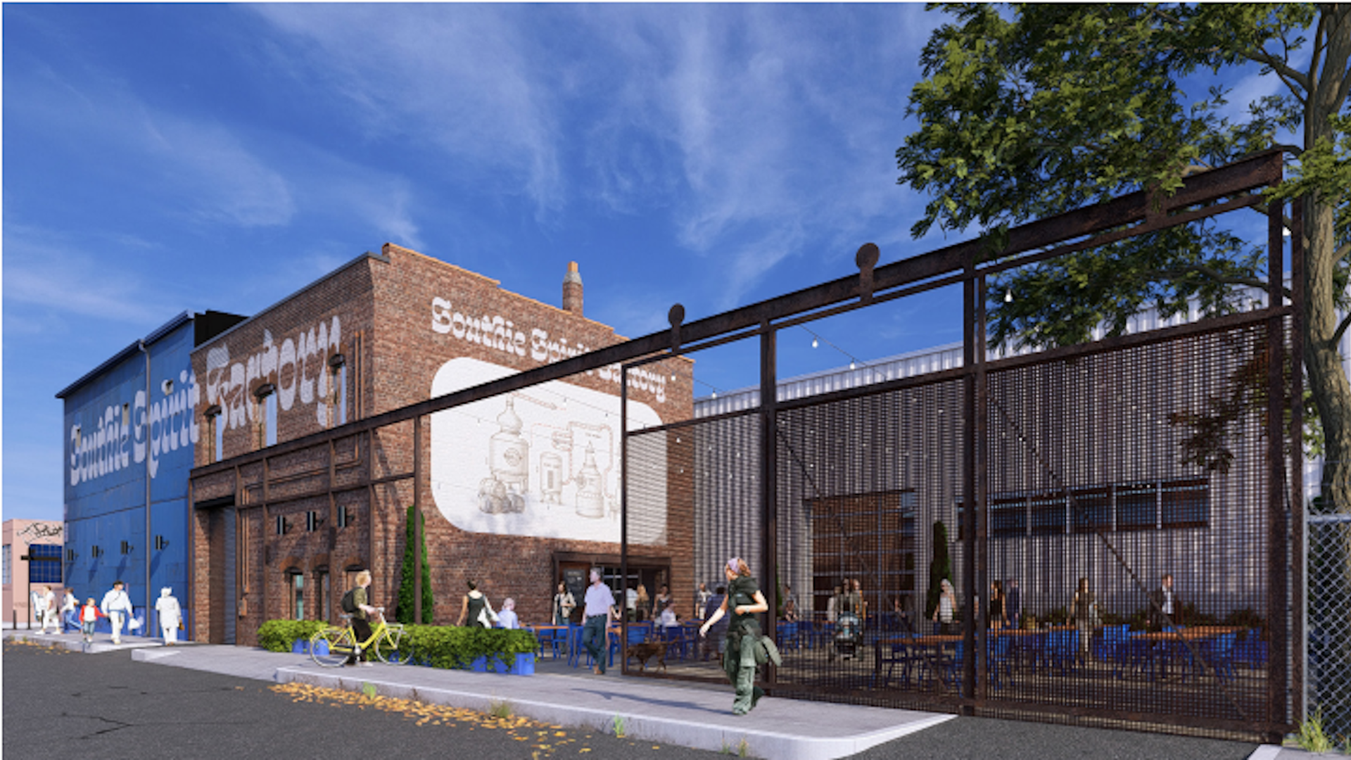 Outdoor patio seating area with people at blue tables next to a brick building with "Sourfire Spirits Farm to...