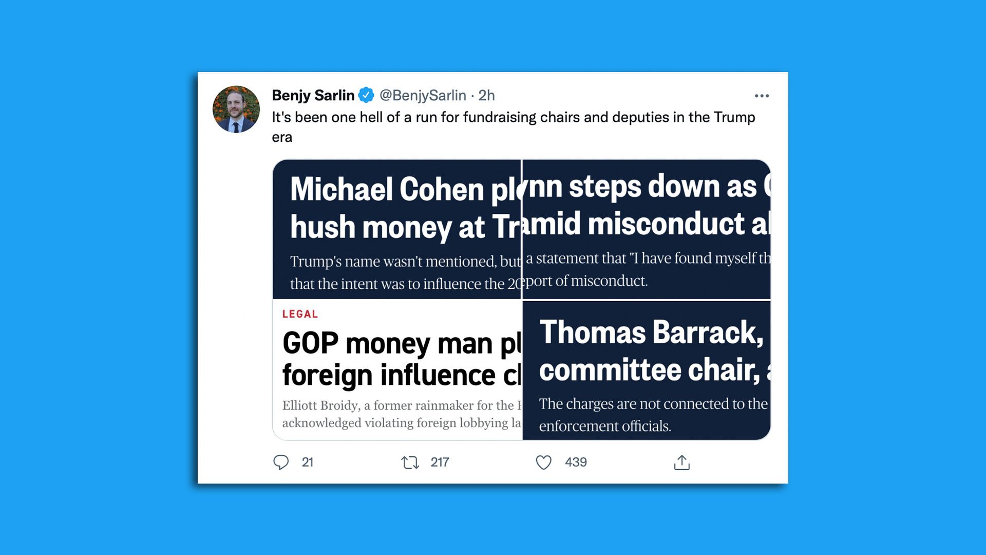 A screenshot shows a tweet about the legal problems faced by former Trump campaign officials.