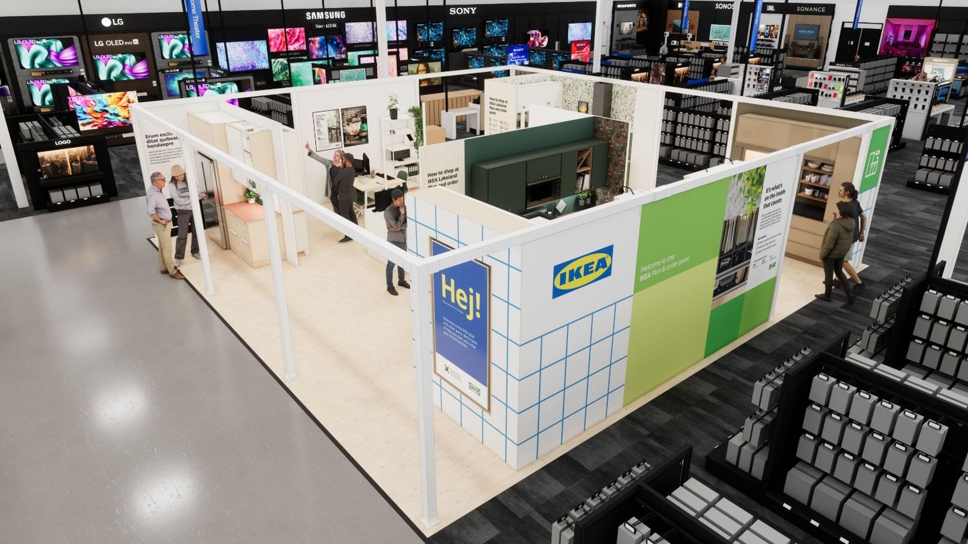 Interior view of an IKEA section inside a large electronics store showing kitchen setups and customers, surrounded by TV displays from Hisense, LG, Samsung, and Sony brands.