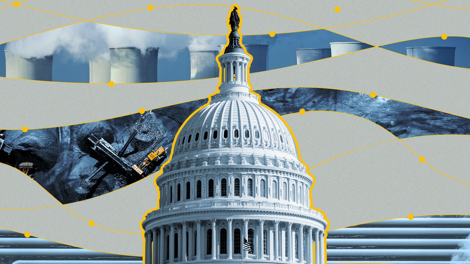 Illustrated collage of the Capitol building surrounded by waving lines and abstract circles revealing scenes related to energy. 