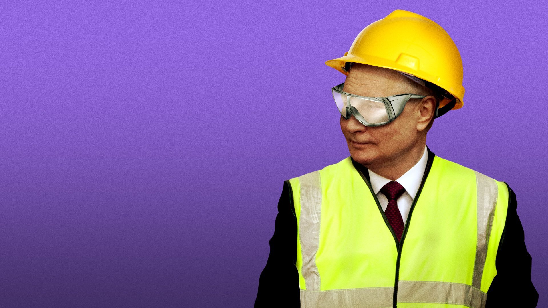 Photo illustration of Vladimir Putin wearing a hard hat, safety goggles and reflective vest.