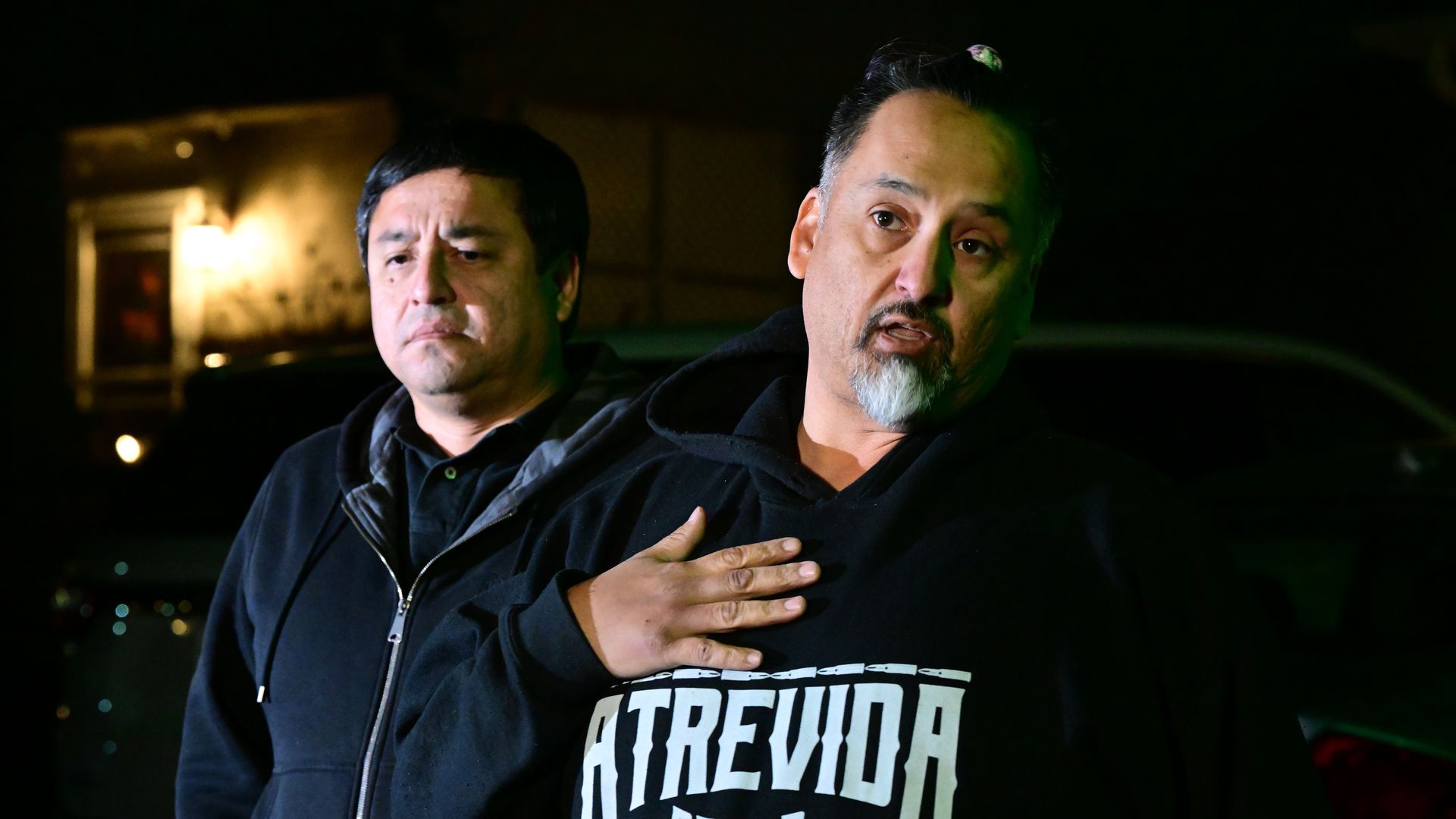 Richard Fierro, with his brother Ed by his side, talks about the night of the shooting outside of his home on November 21, 2022 in Colorado Springs, Colorado. 