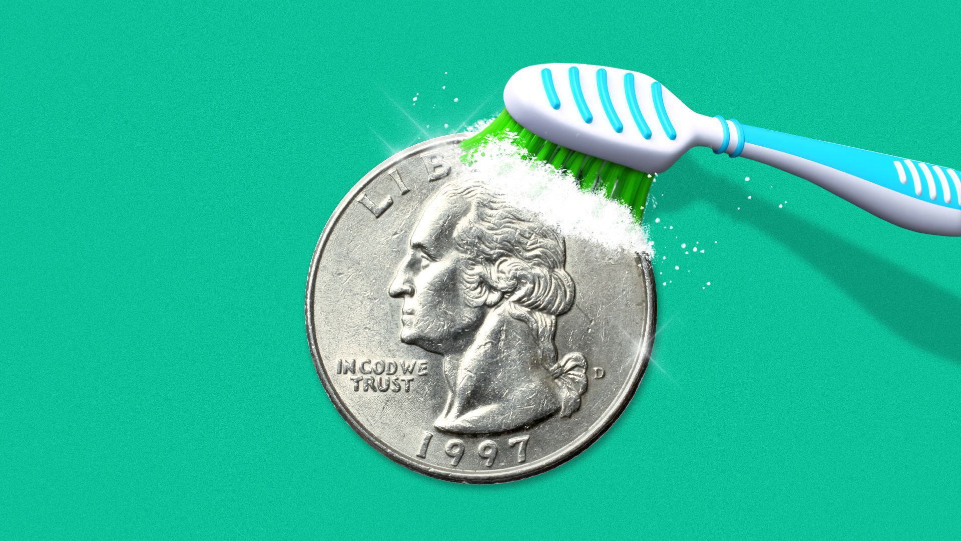 Illustration of a toothbrush polishing a quarter.