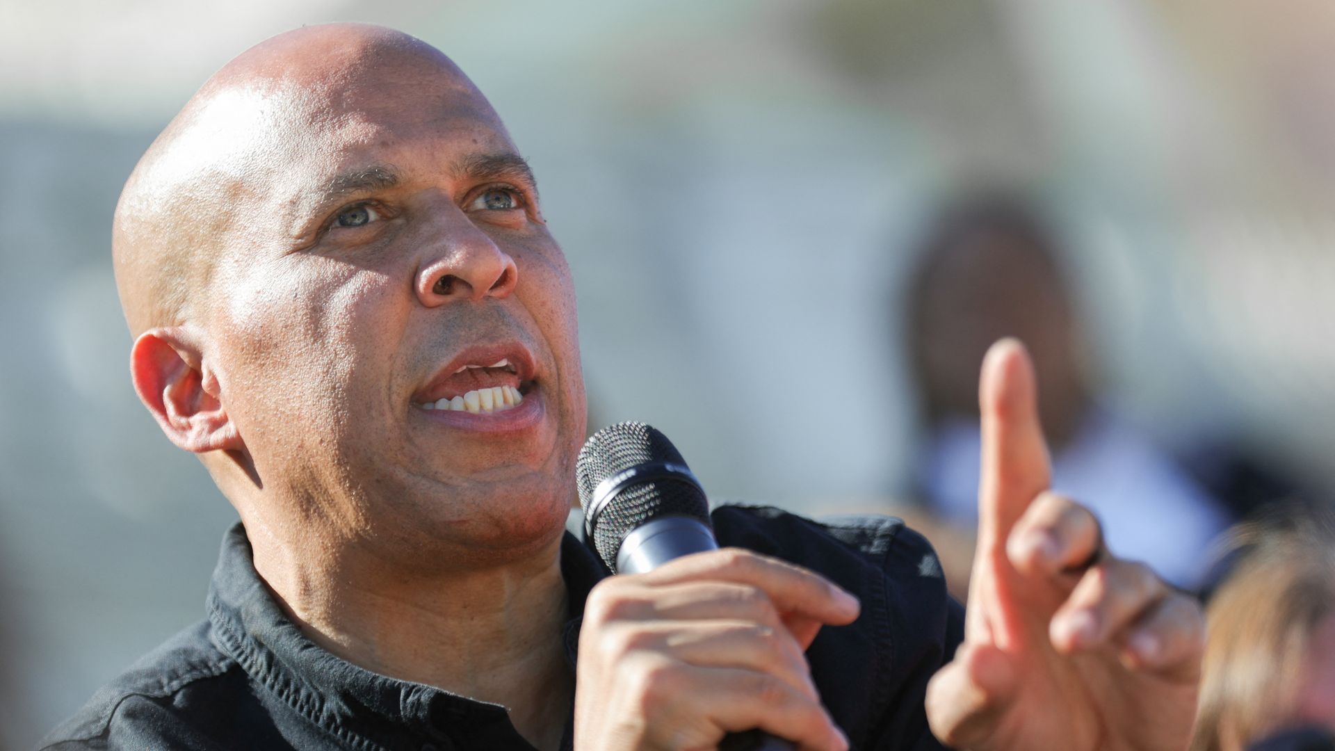 U.S. Senator Cory Booker (D-NJ) leads a sit-in protest against a Republican budget plan on the House steps of the U.S. Capitol in Washington, D.C. on April 27, 2025.