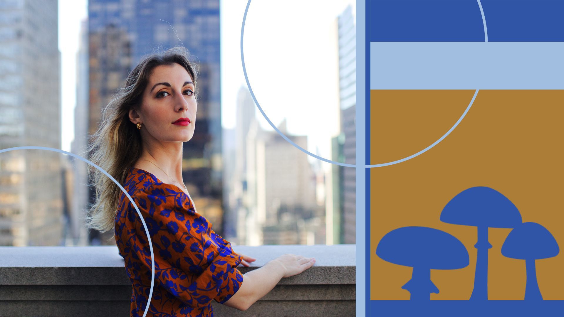 Photo illustration of Daisy Alioto set next to graphic shapes and silhouettes of mushrooms