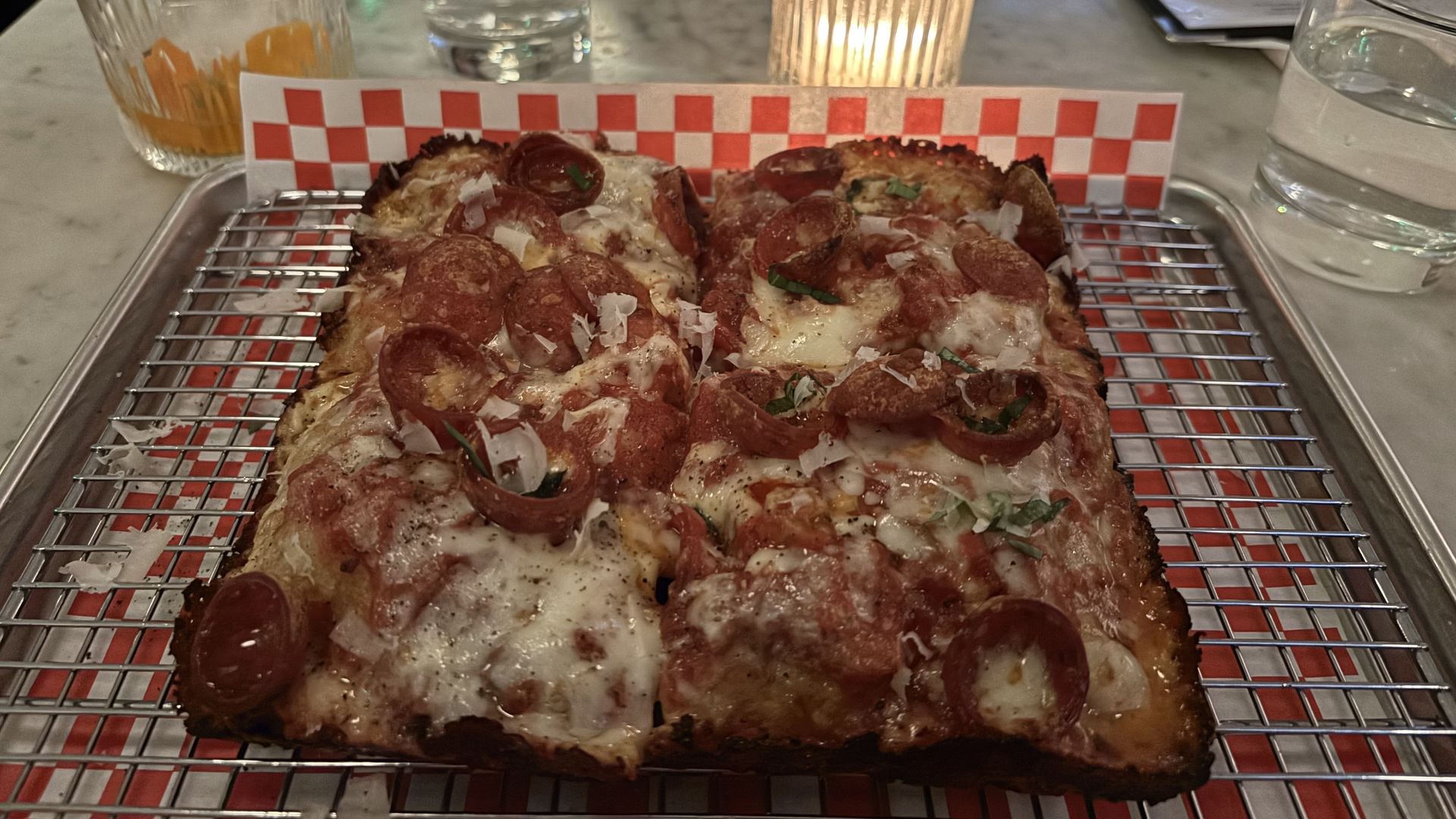 Square pizza with pepperoni from La Grass Pizza served inside Pittsburgh's The Vandal restaurant.