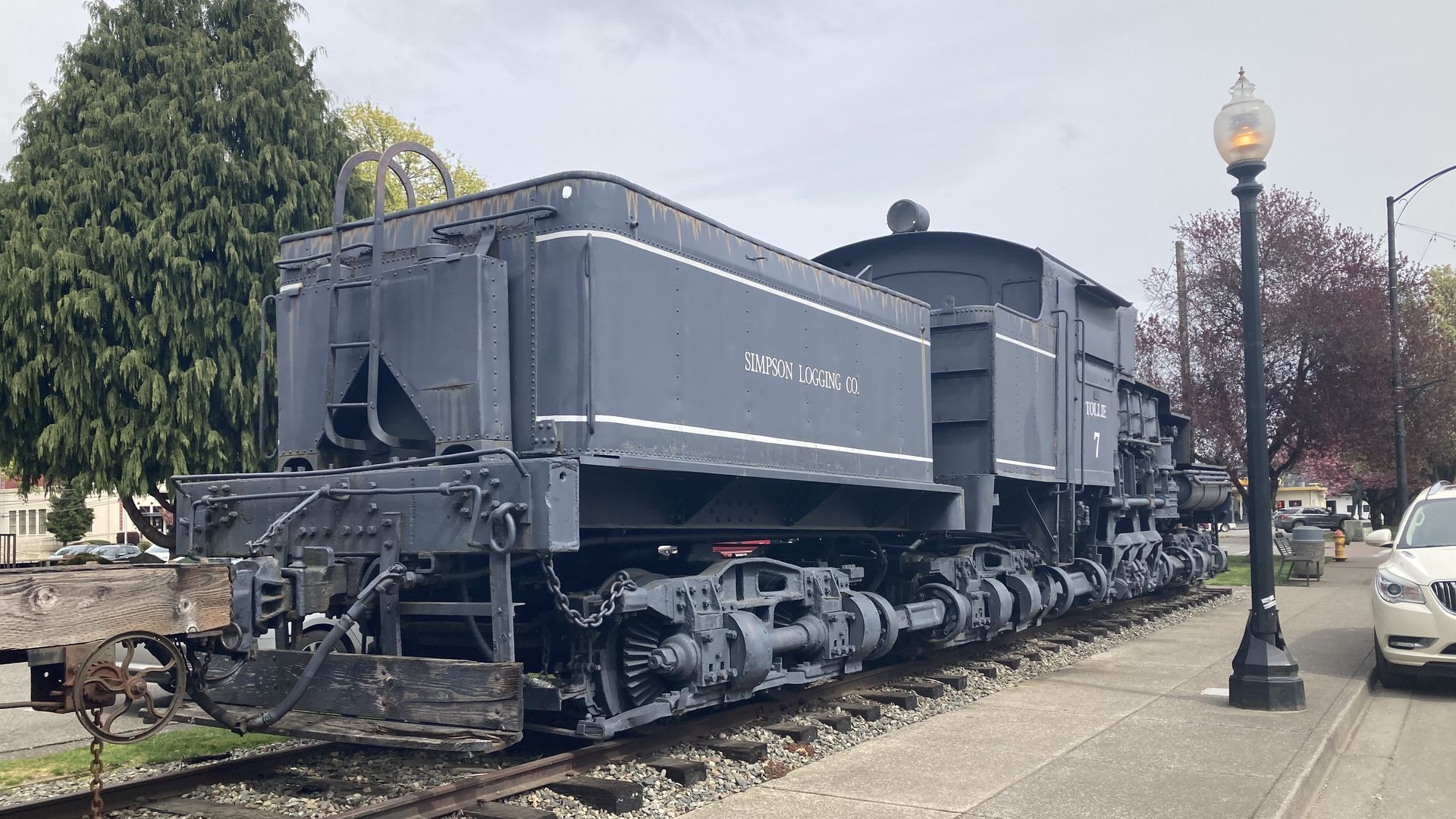 A logging train is on display on Railroad Avenue in Shelton as a testament to the city's rail and lumber history. 