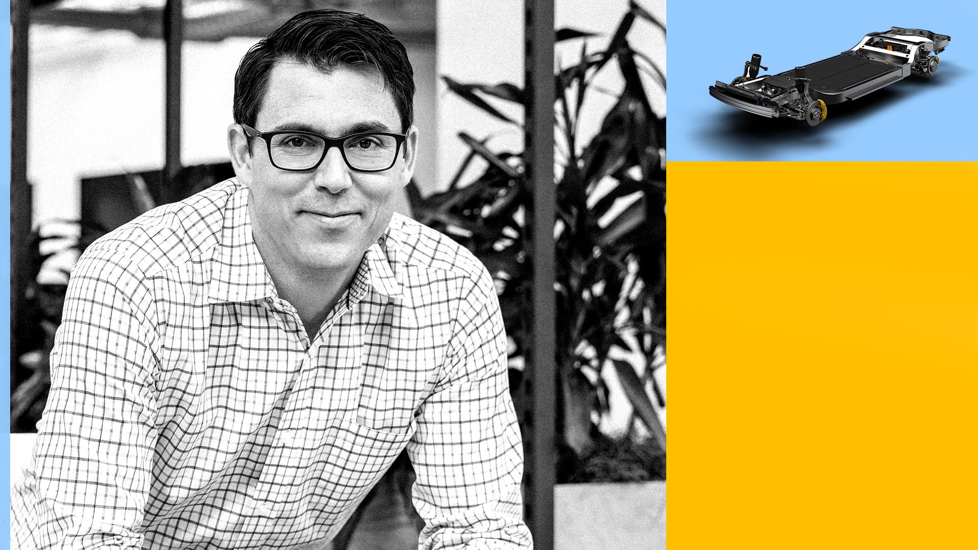 Photo collage of Rivian founder RJ Scaringe and his EV skateboard