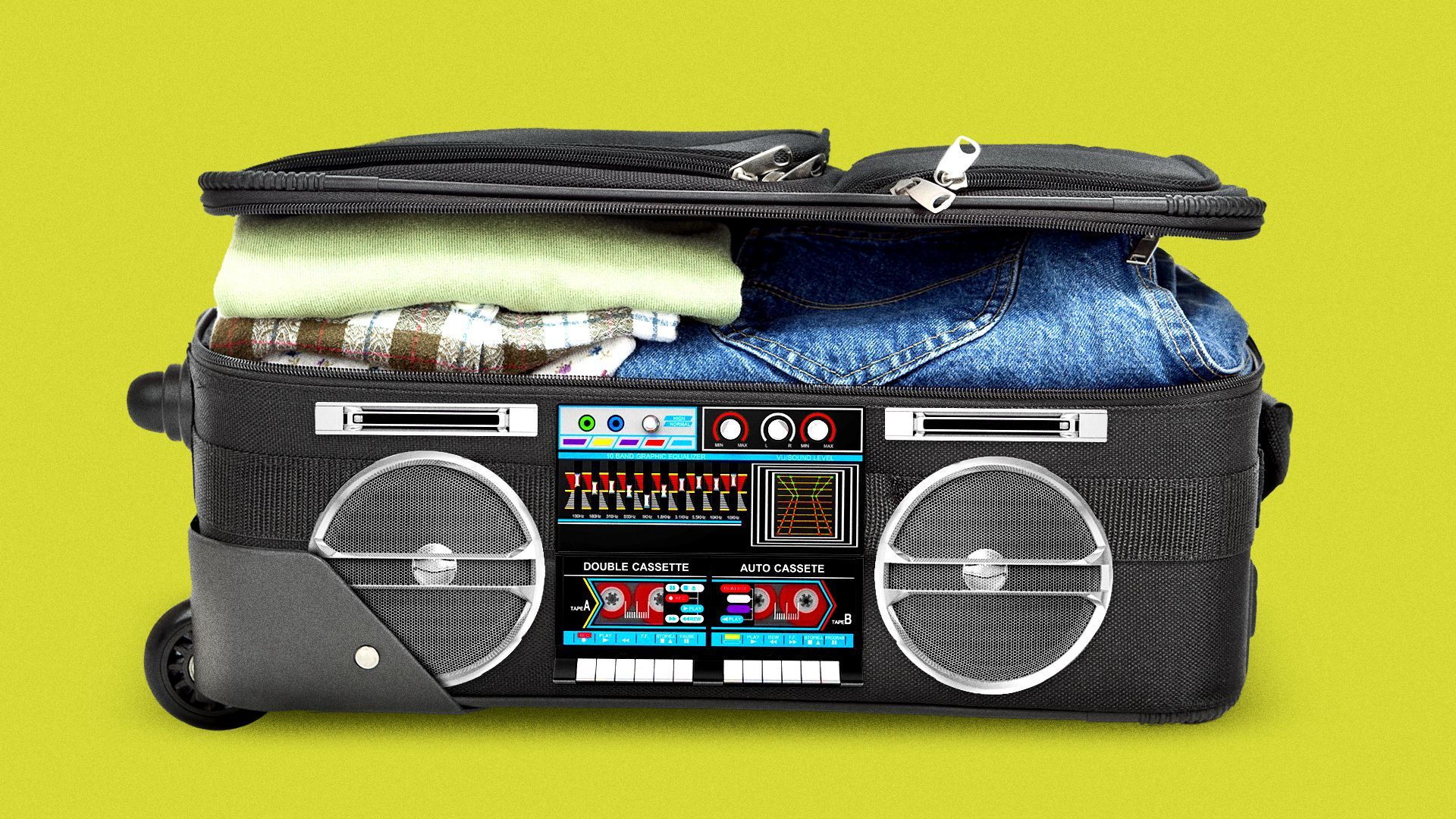 Illustration of a boombox on the front of an open suitcase with clothes inside.