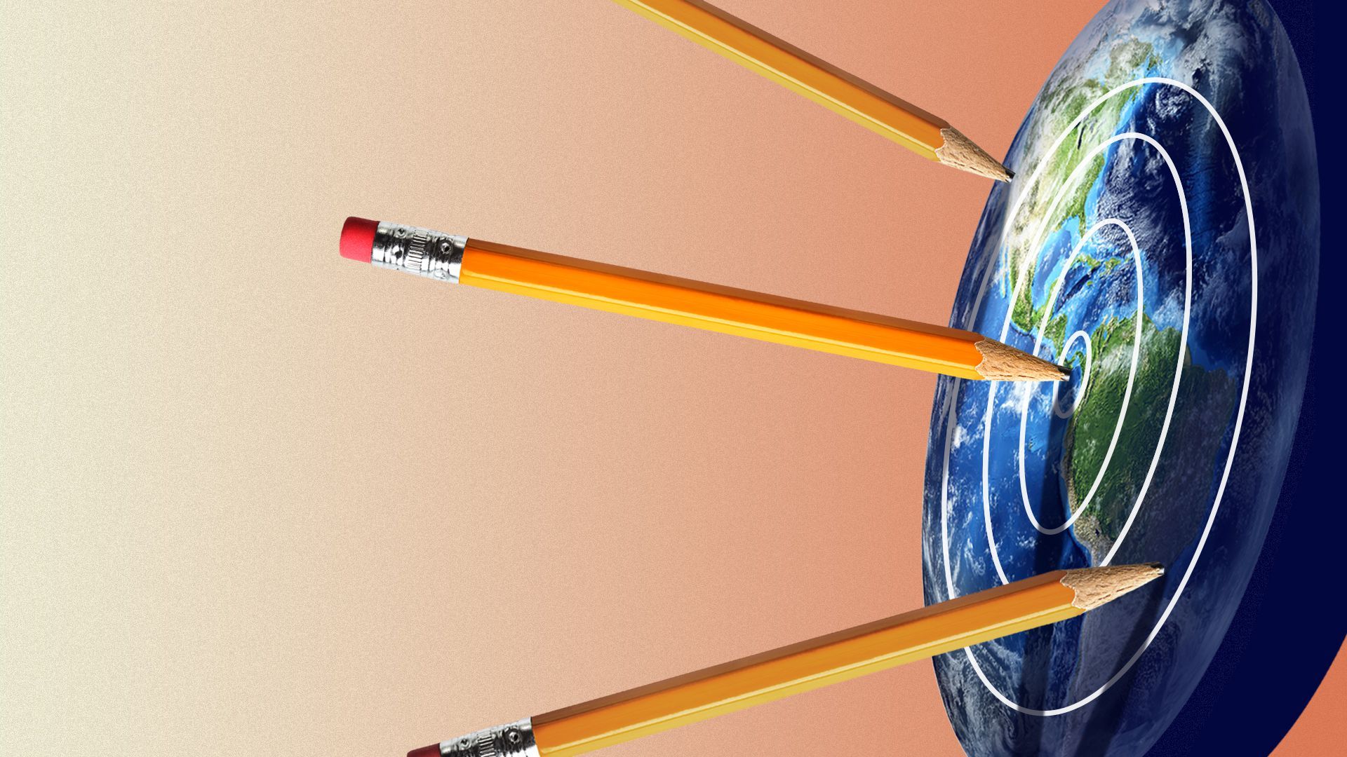 Illustration of the earth as an archery bulls-eye pierced by dart-like pencils.