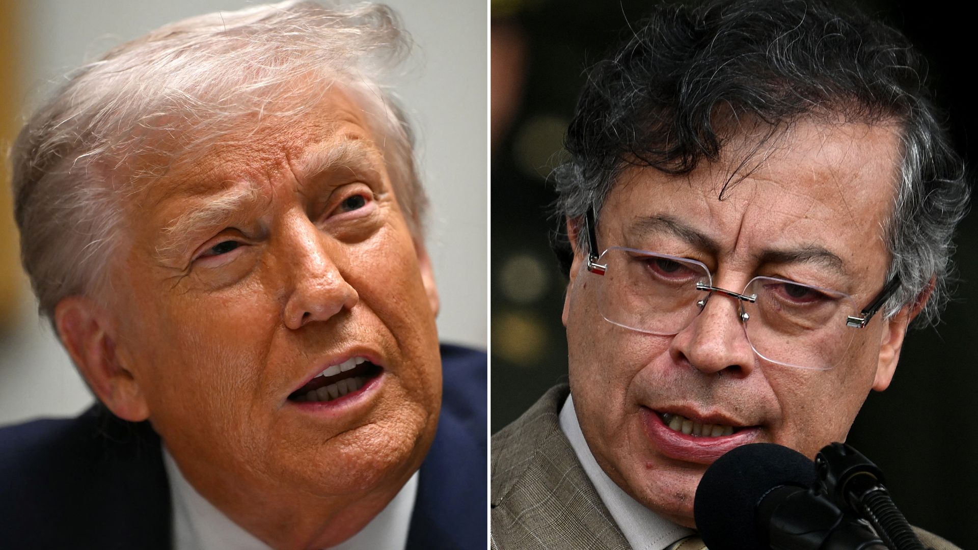 Side-by-side portraits of two men: on the left, President Trump, an older man with light hair and a red tie speaking; on the right, a man with dark hair, glasses, Colombian President Gustavo Peto, wearing a suit speaking into a microphone.