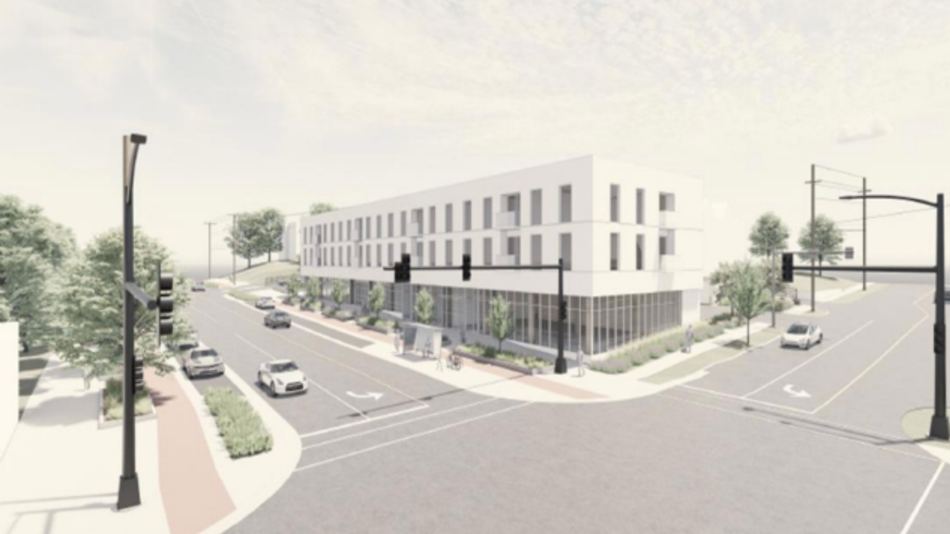 An illustration of a proposed apartment building in Des Moines.