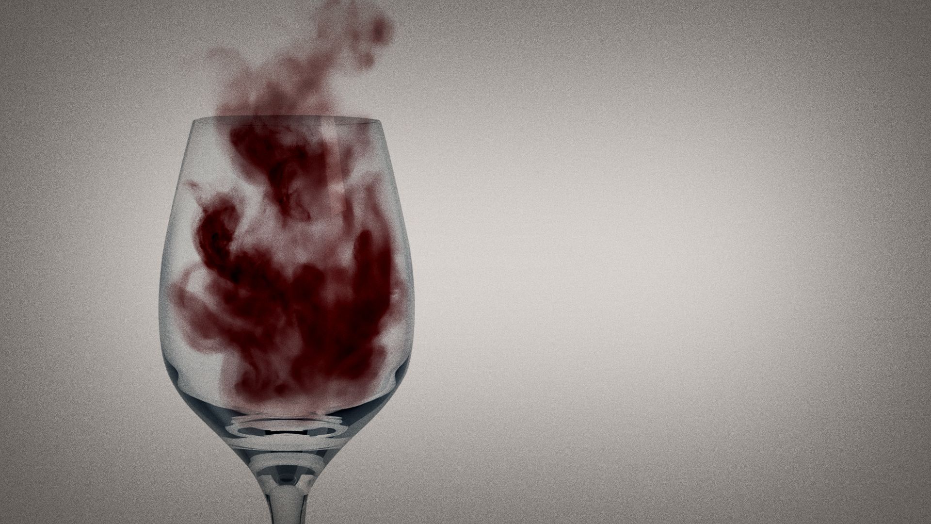 Illustration of a wine glass with red smoke inside of it. 