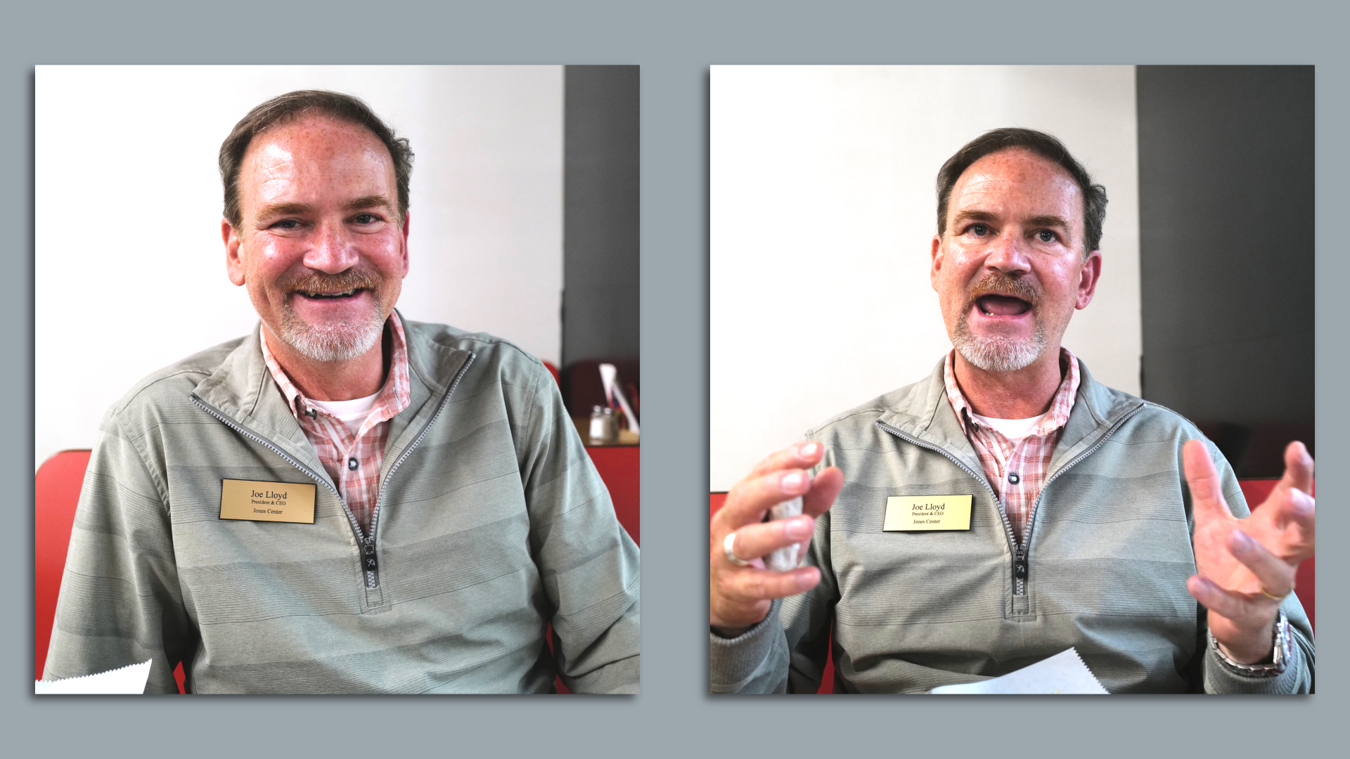 A composite photo of a man sitting at a table.