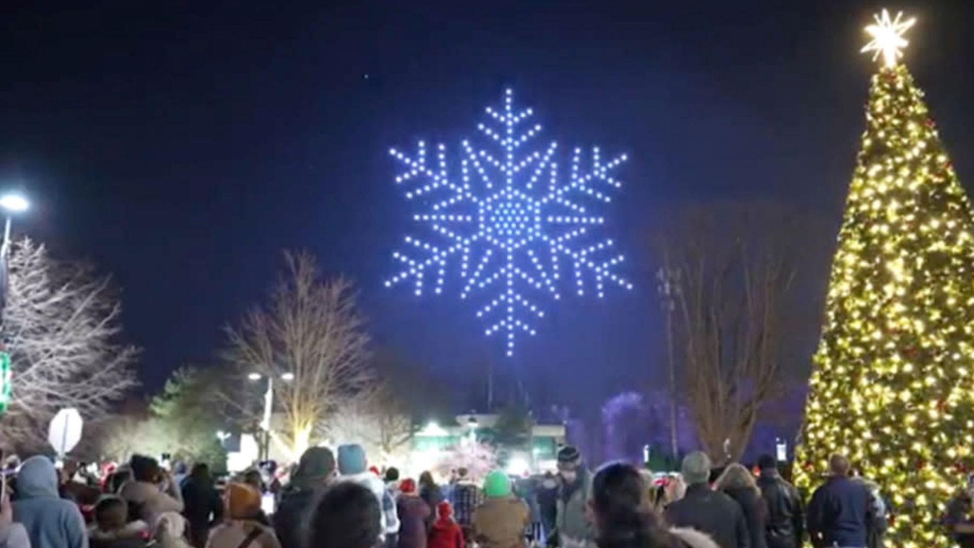Crowd of people gathered outdoors at night looking at a large illuminated snowflake made of lights and a tall Christmas tree decorated with yellow lights and a bright star on top.