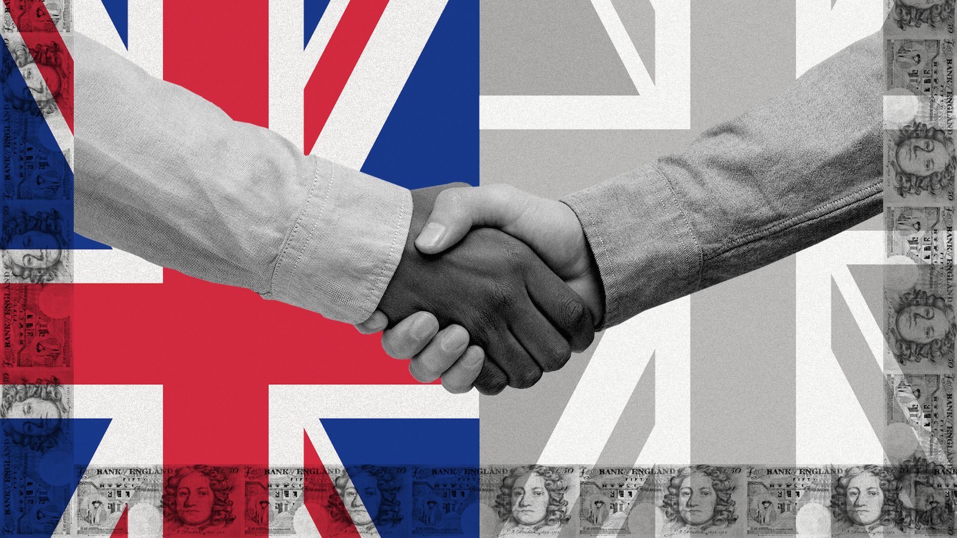 Illustration of a handshake between two people in front of a background designed with a graphic UK flag pattern, surrounded by an UK GPB border.